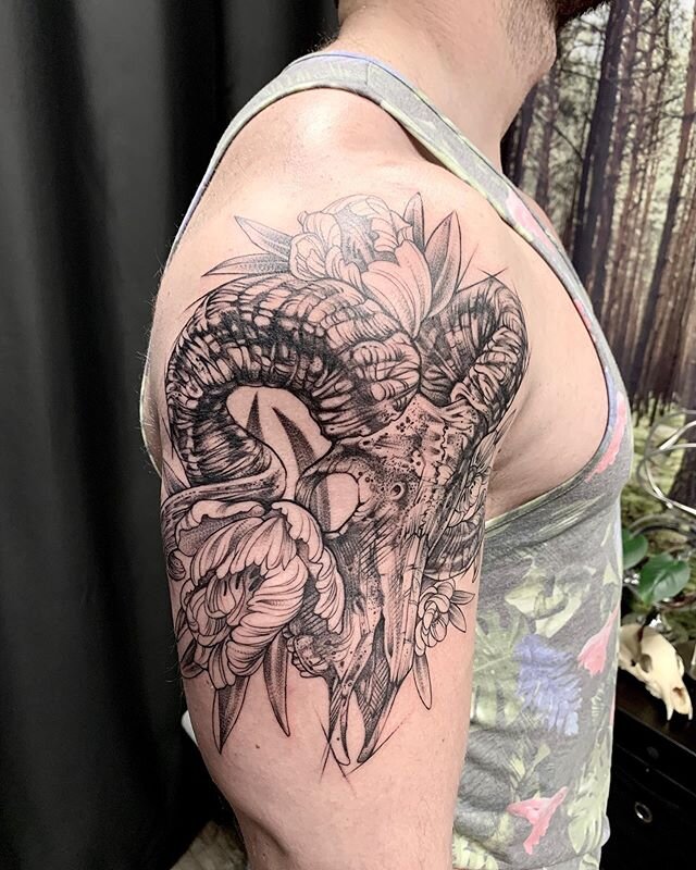 Ram skull and flowers we knocked out yesterday in a long one-and-done session.  Thanks Reese👏🏻 .
.
.
.
.
.
.
.
.
#michaelbales #michaelbalesart #rebelmusetattoo #linework #texastattoos #floraltattoo #flower #botanicaltattoo #naturetattoo #traveltat