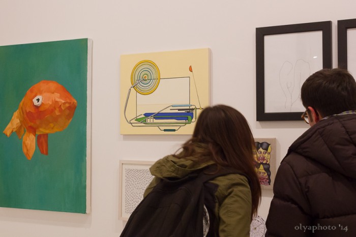 Left to right (visible top row): “I Forgot to Remember to Forget” by Andrew Smenos, “16.20.14” by Tricia Keightley, “Heave” (diptych) by Ehren Clodfelter.