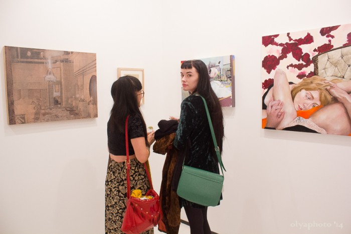 (visible art, left to right) “Classical Hollywood Set” by Linnea Gad, “The Triump (Curiosity)” by Kelsey Shwetz. Pictured: artist Kristen Liu-Wong (left) and friend.