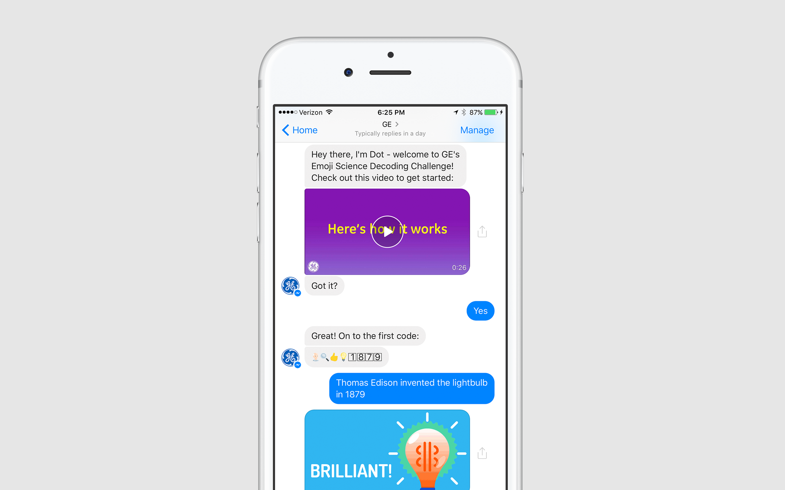 A Facebook Messenger bot named "Dot" challenged users to decoding science using emojis.