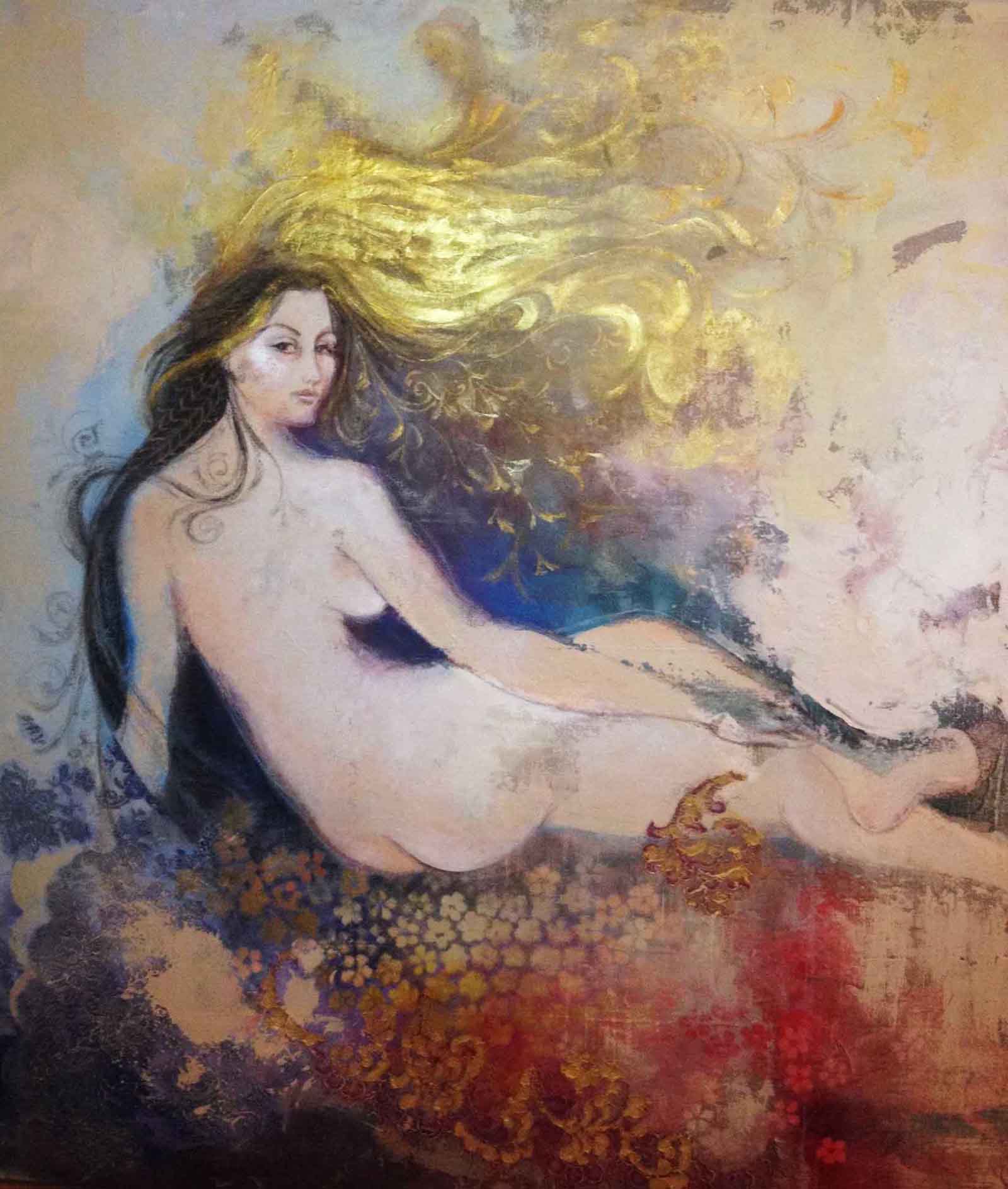 Eilah, 2013. Acrylic, Oil, Gold Leaf, and Lace on canvas, 6' x 7'.