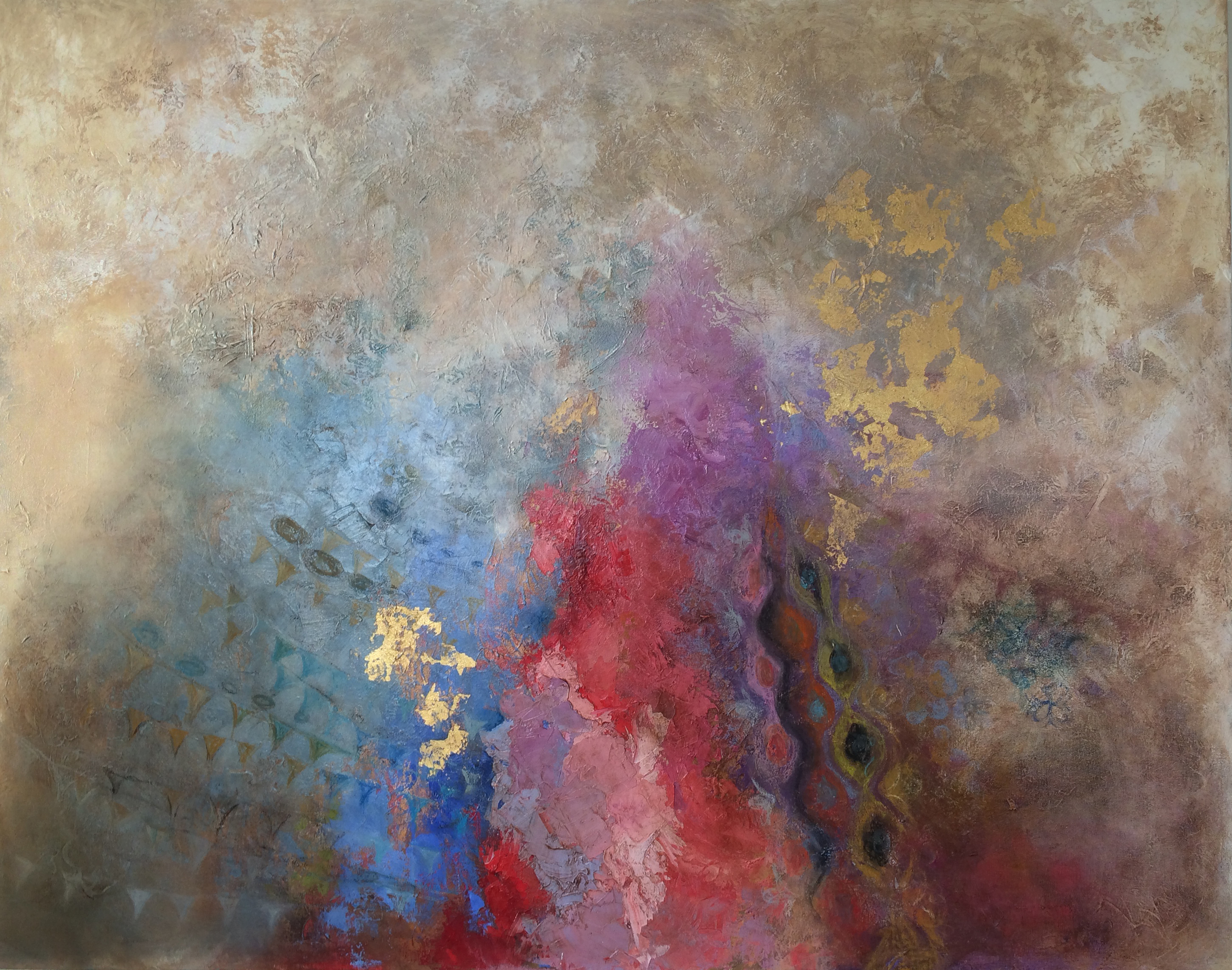With Mother, 2009. Acrylic, Oil, and Gold Leaf on canvas, 6' x 7'.