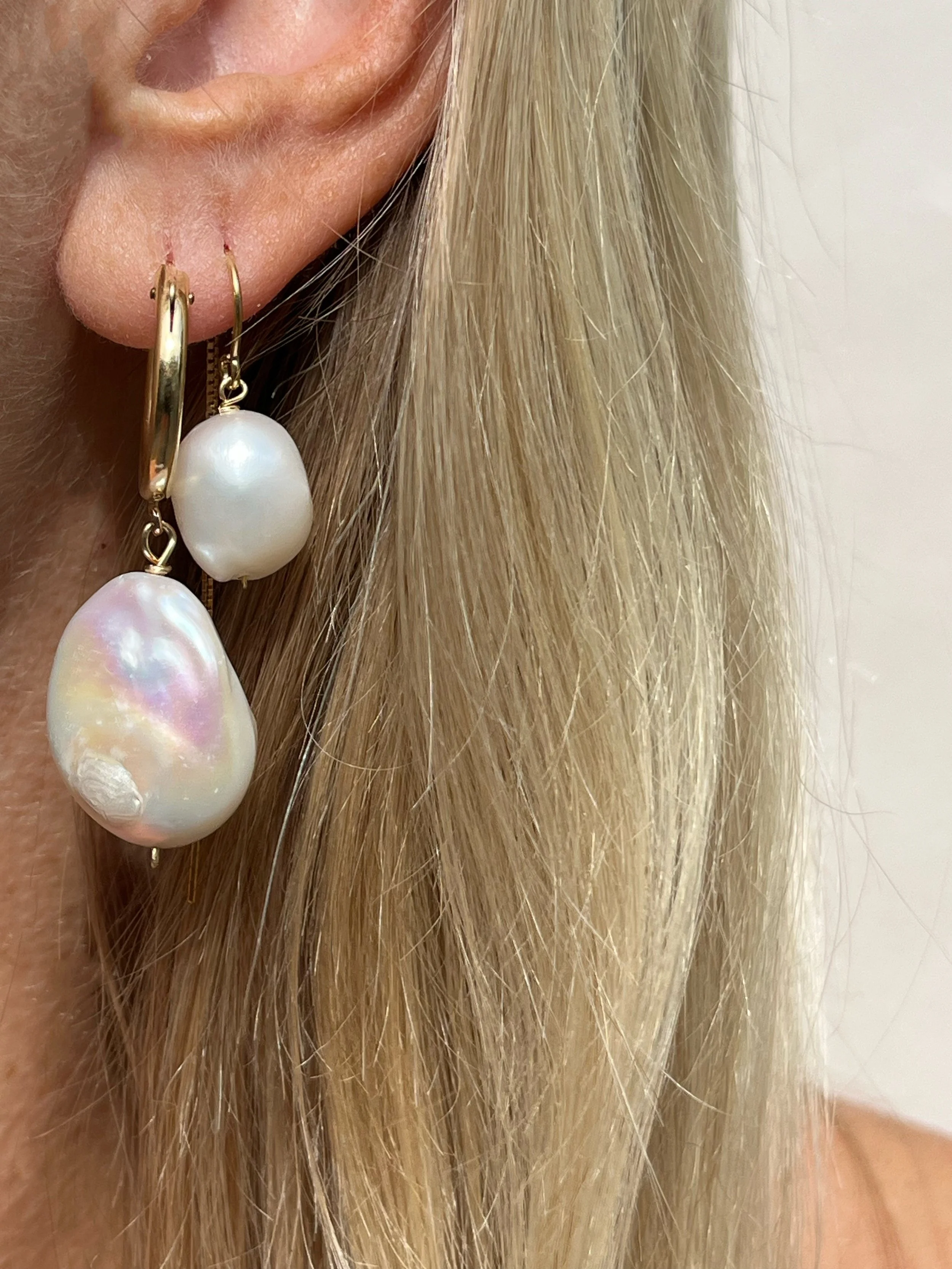 woman wearing large and small pearl drop hoop earrings | handmade Denver earrings | THALKEN