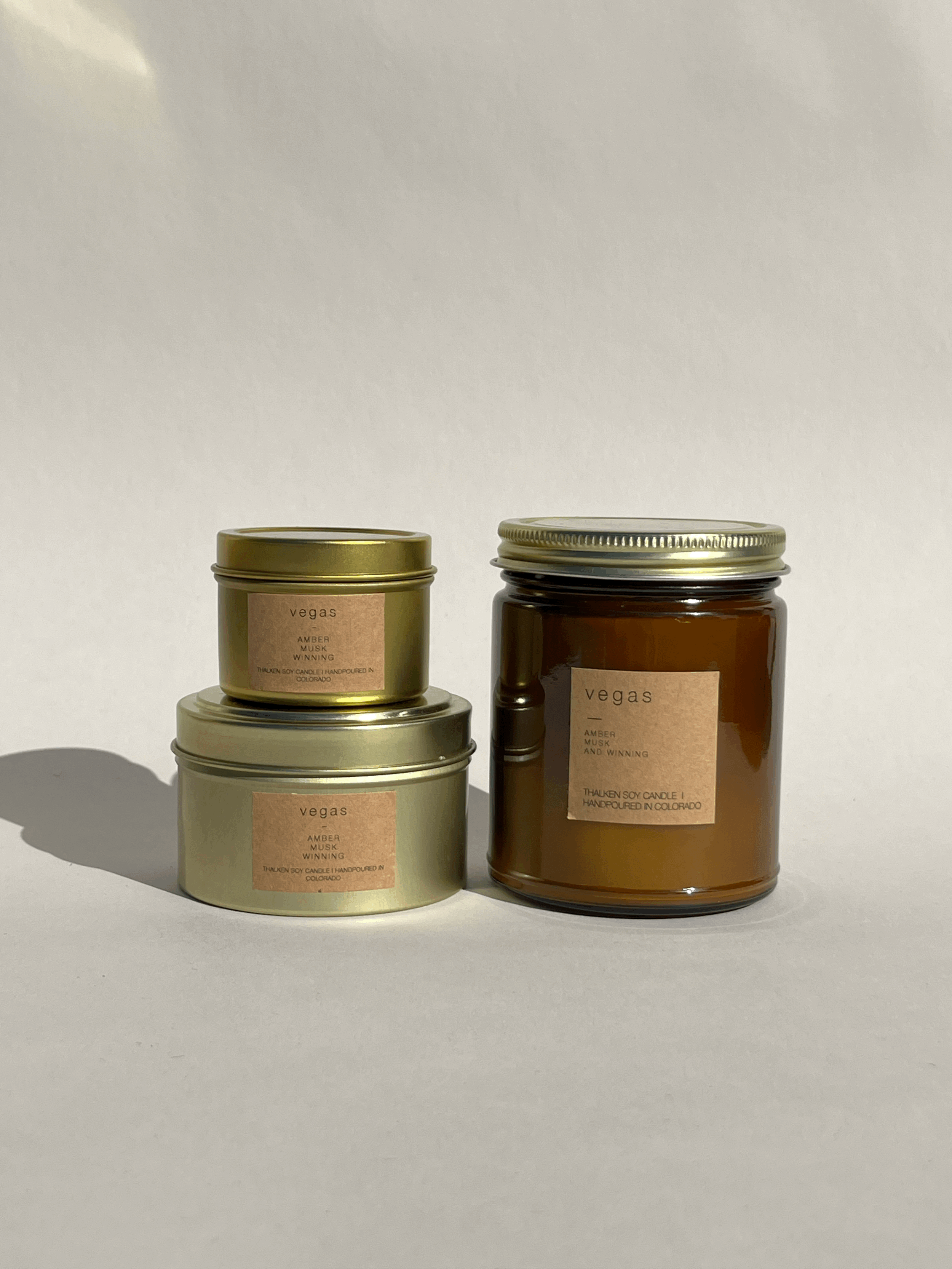 Soy candle hand poured Colorado Vegas smells like amber musk | hand poured in lafayette colorado | THALKEN