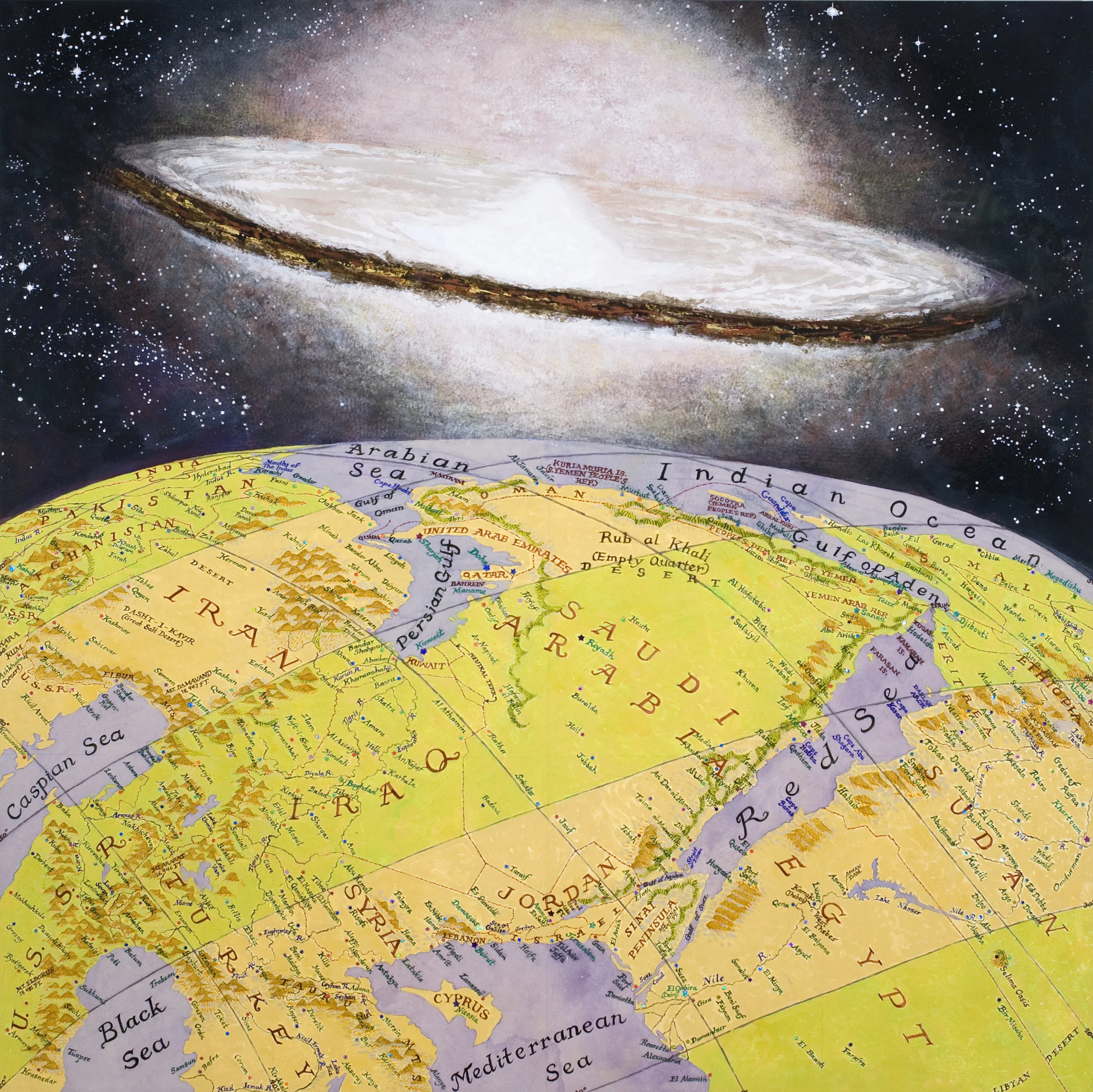 The Middle East, 3 Views II: as seen from Israel during the Cold War, acrylic, collage/canvas, 72 x 72”