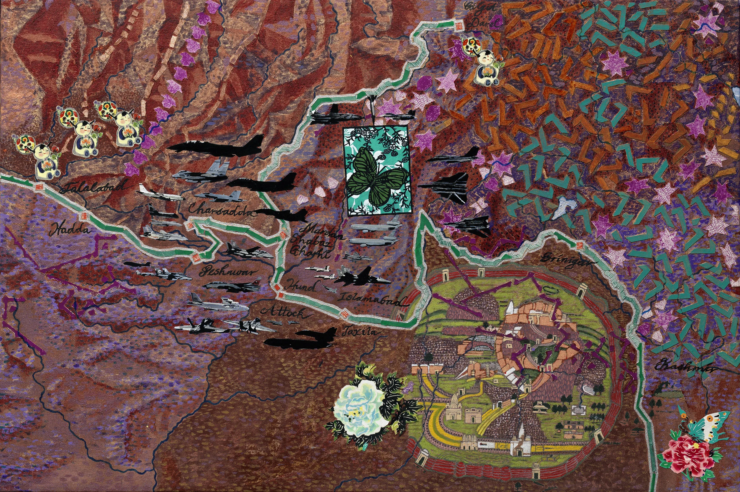 Silk Route #4: Jalalabad to Kashmir, 2010, acrylic, collage/canvas, 24 x 36”, 9 in series