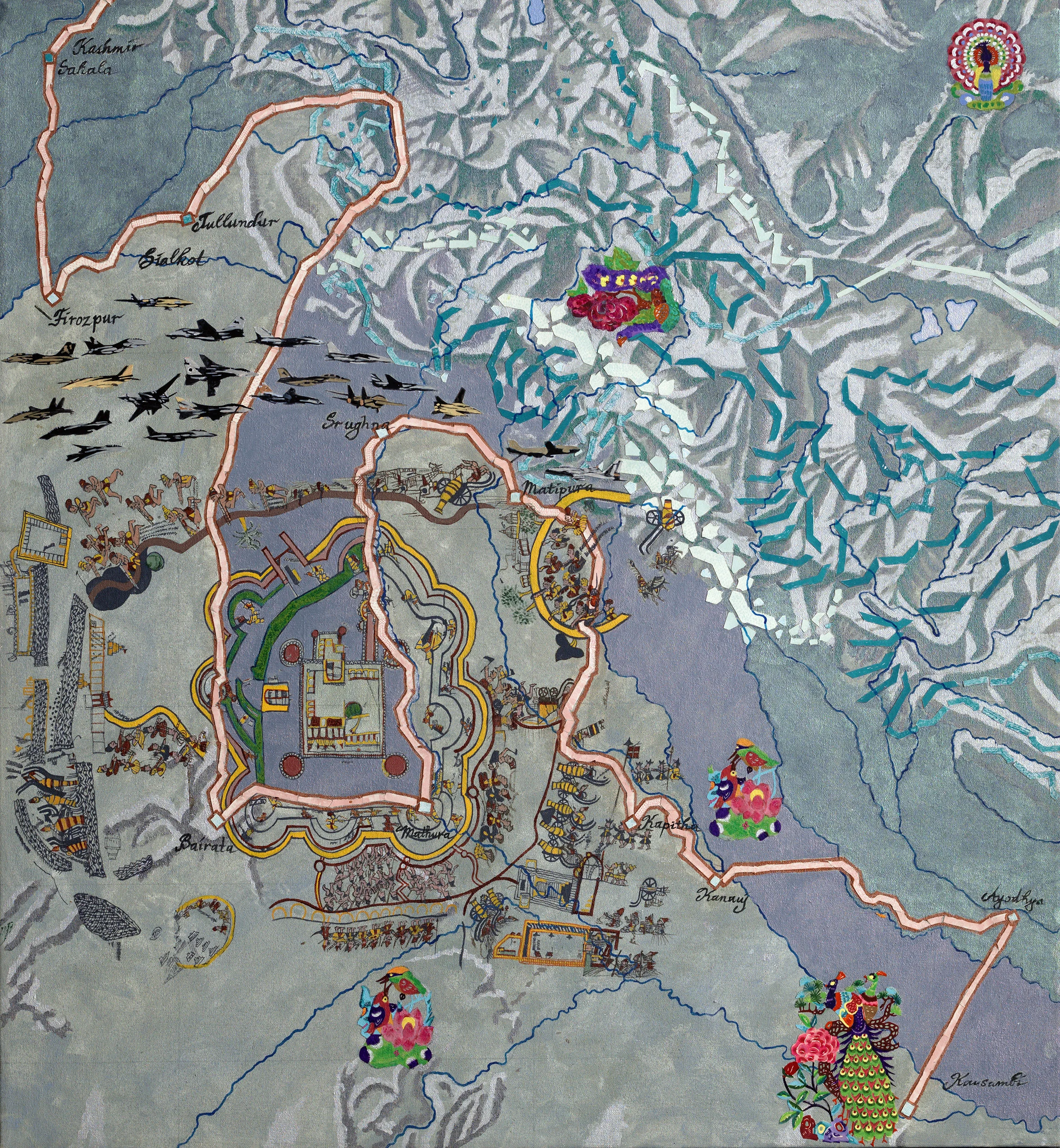 Silk Route #5: Kashmir to Kausambi, 2010, acrylic, collage/canvas, 39 x 36”
