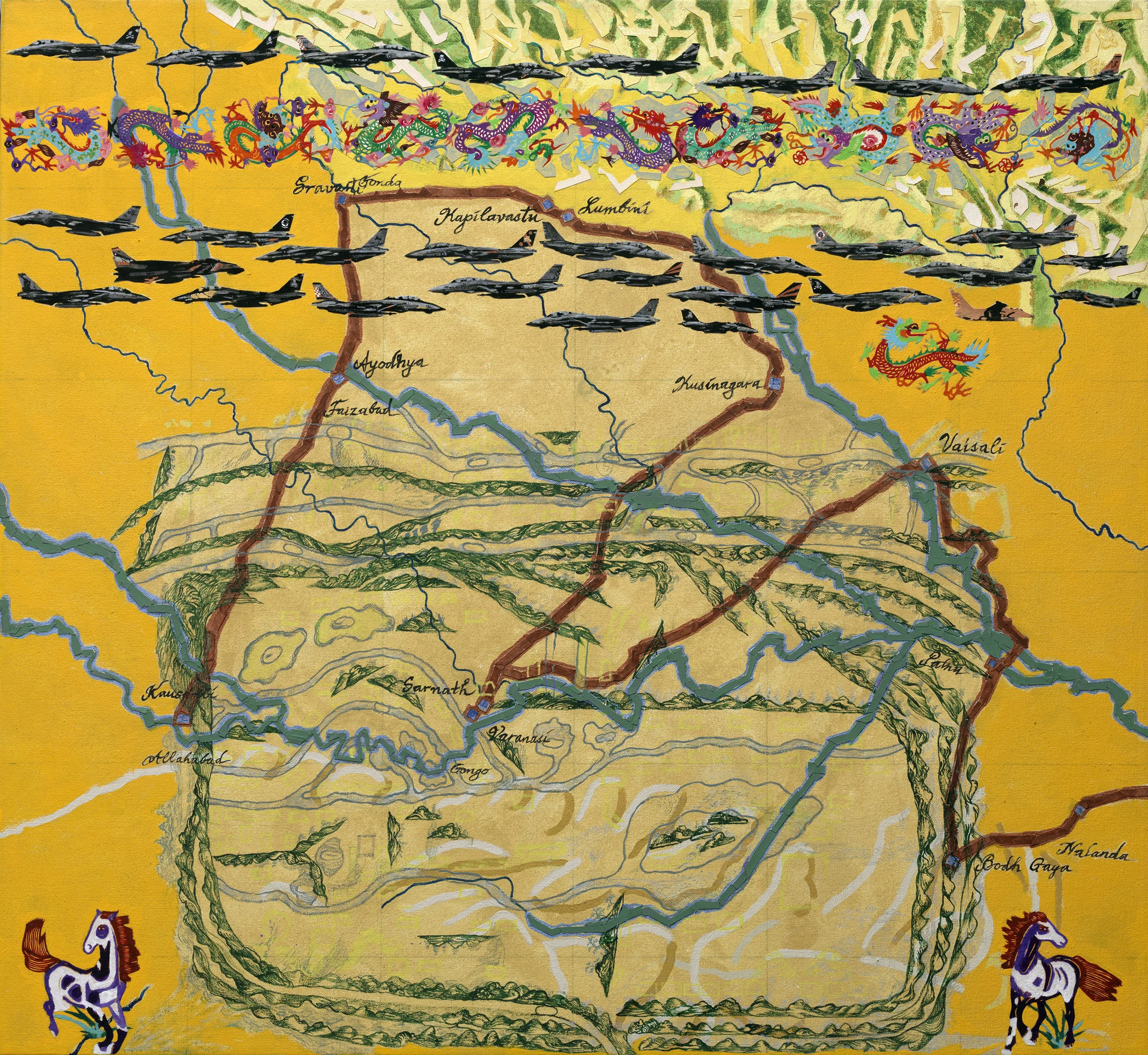 Silk Route #6: Kausambi to Bodh Gaya, 2010, acrylic, collage/canvas, 33 x 36”