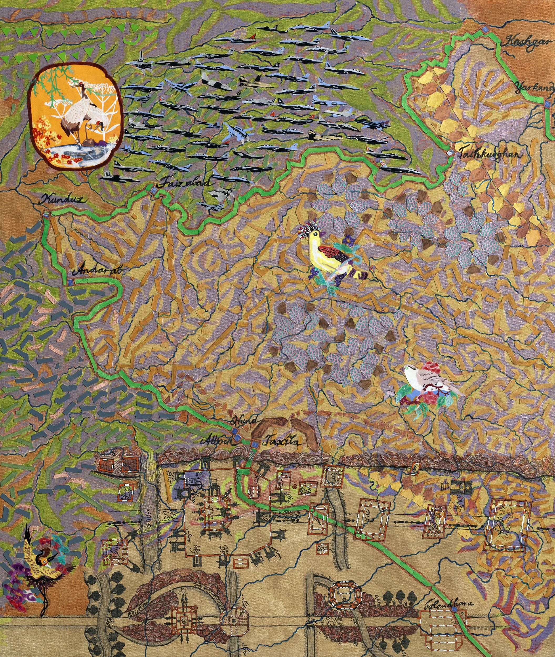 Silk Route #8: Jalandhara to Kashgar, 2010, acrylic, collage/canvas, 33 x 27”