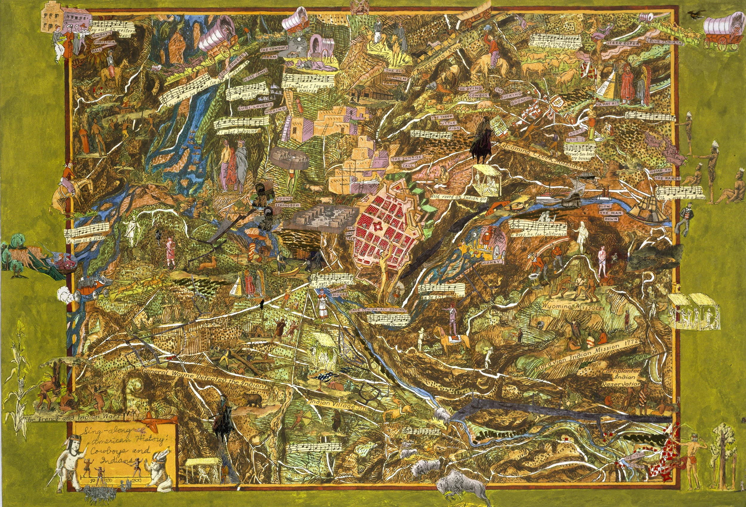 Sing-along American History: Cowboys and Indians, 2004, mixed media/paper, 32.75 x 47.75”