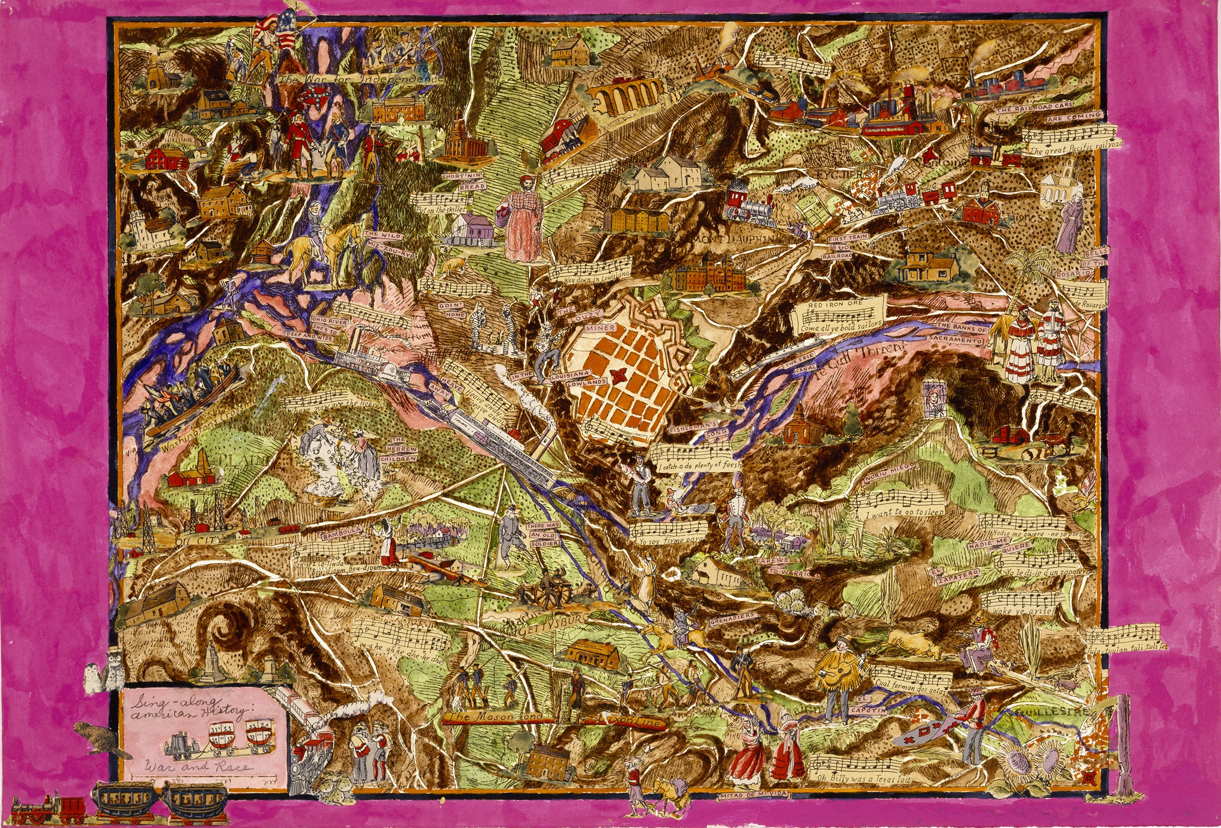 Sing-along American History: War and Race, 2004, mixed media/paper, 32.75 x 47.5”