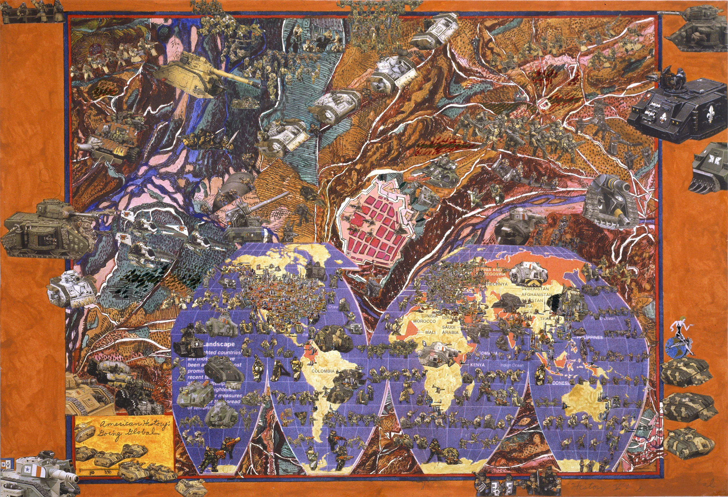 American History: Going Global, 2004, mixed media/paper, 32.75 x 47.75”