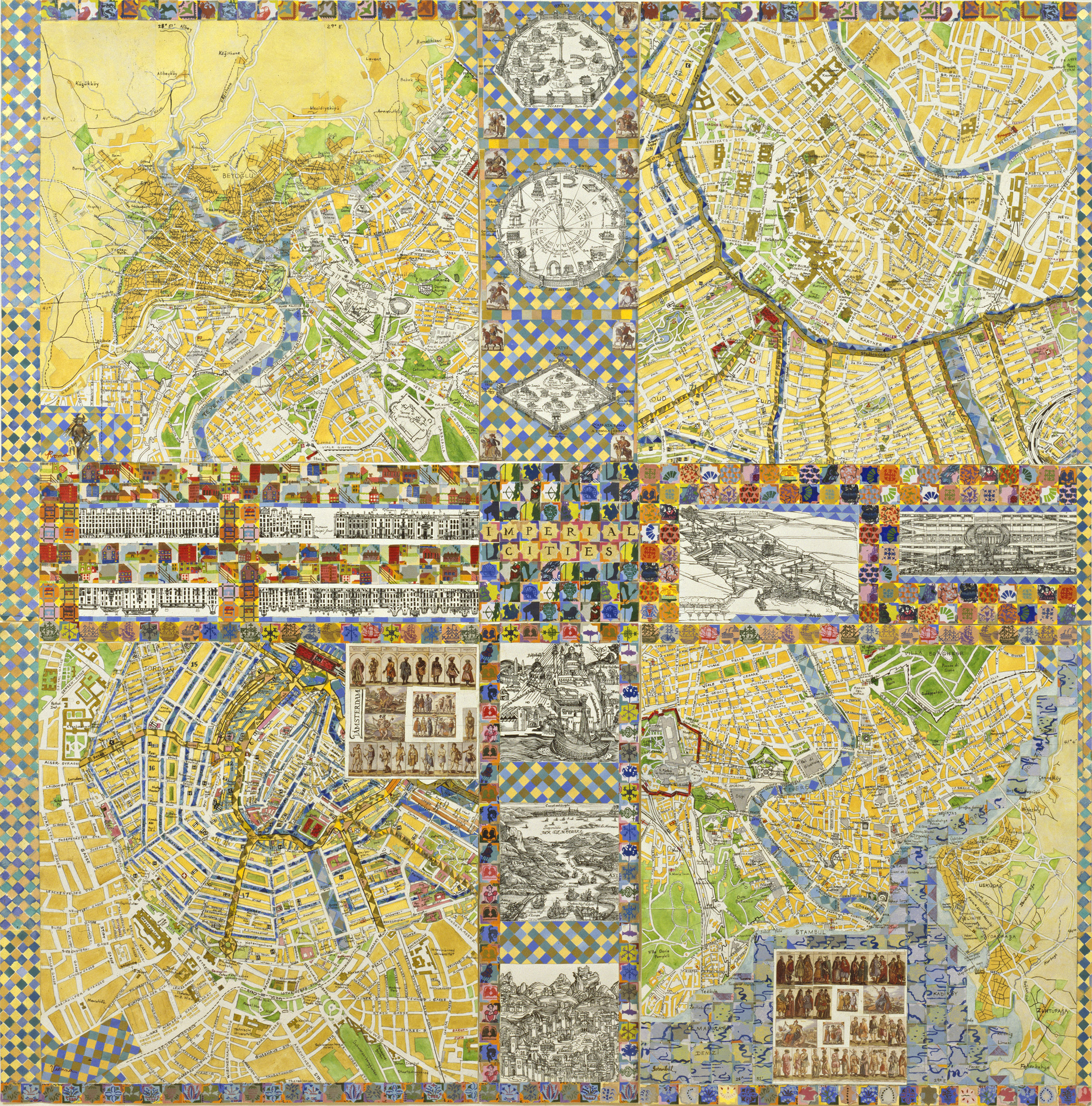 Imperial Cities, 1994, watercolor, collage, lithographs/paper, 55 x 55”