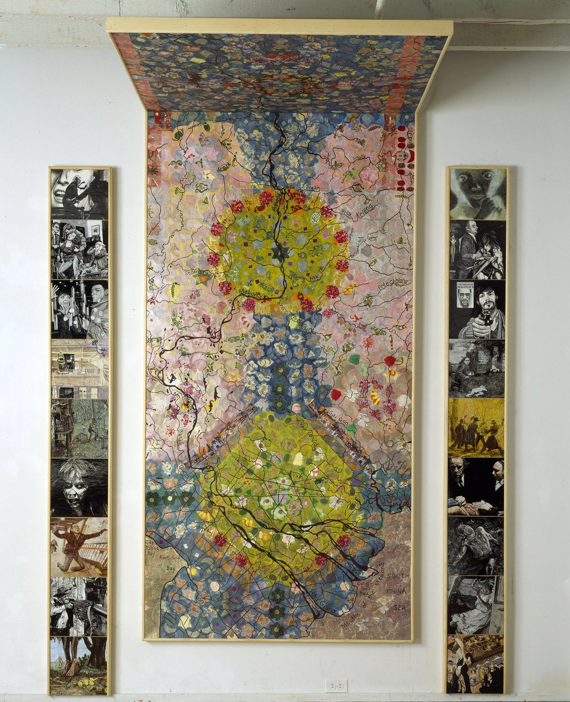 Mekong and memory, 1996, pilasters: glazed ceramic tiles/wood, ea. 105 x 12” central panels: mixed media/paper, 155.5 x 53.5,” 7-hour audiotape