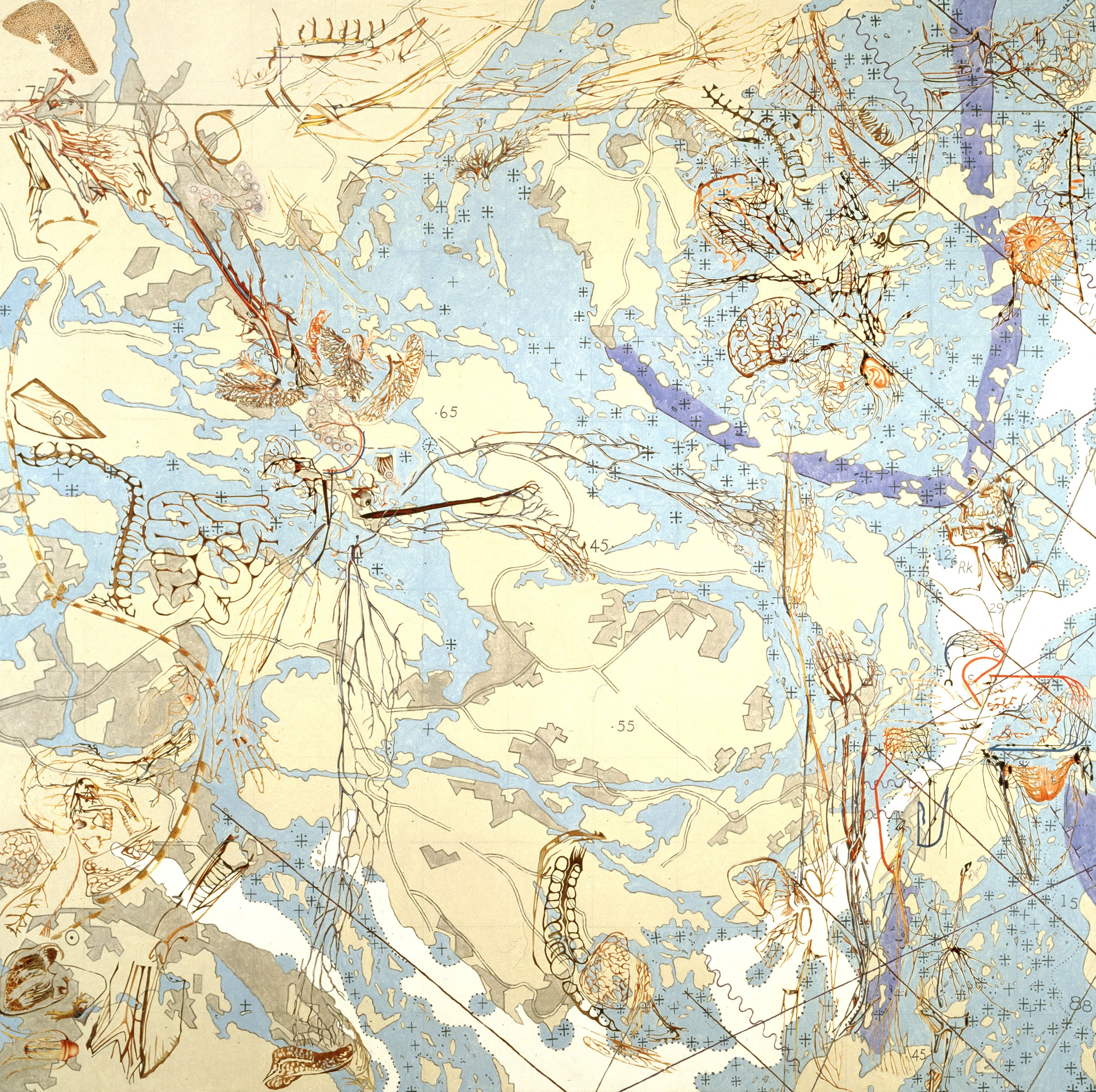 Bodies of Water, 1997, acrylic, collage/canvas, 78" x 78”