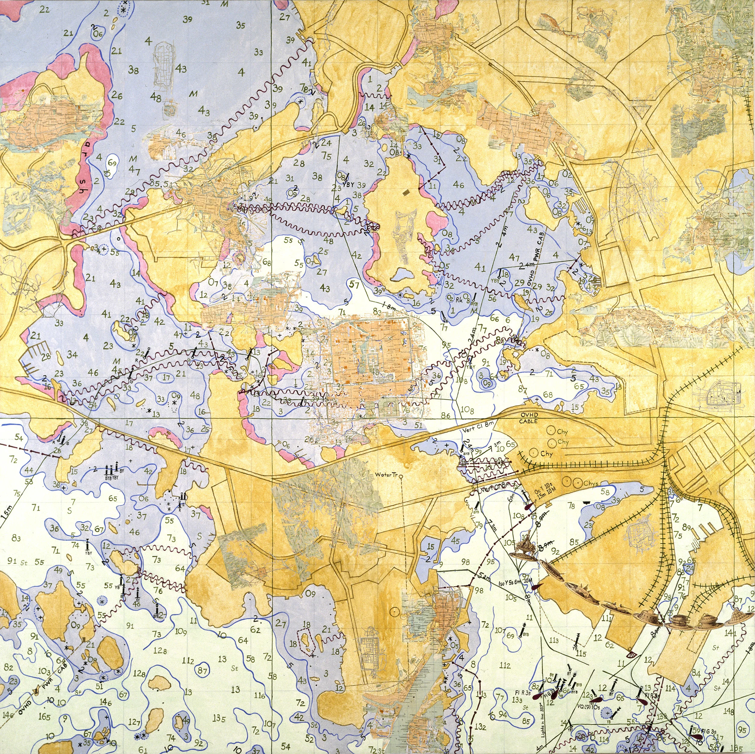 Bodies of Water: Cities of China, 1997, acrylic, collage/canvas 72" x 72”
