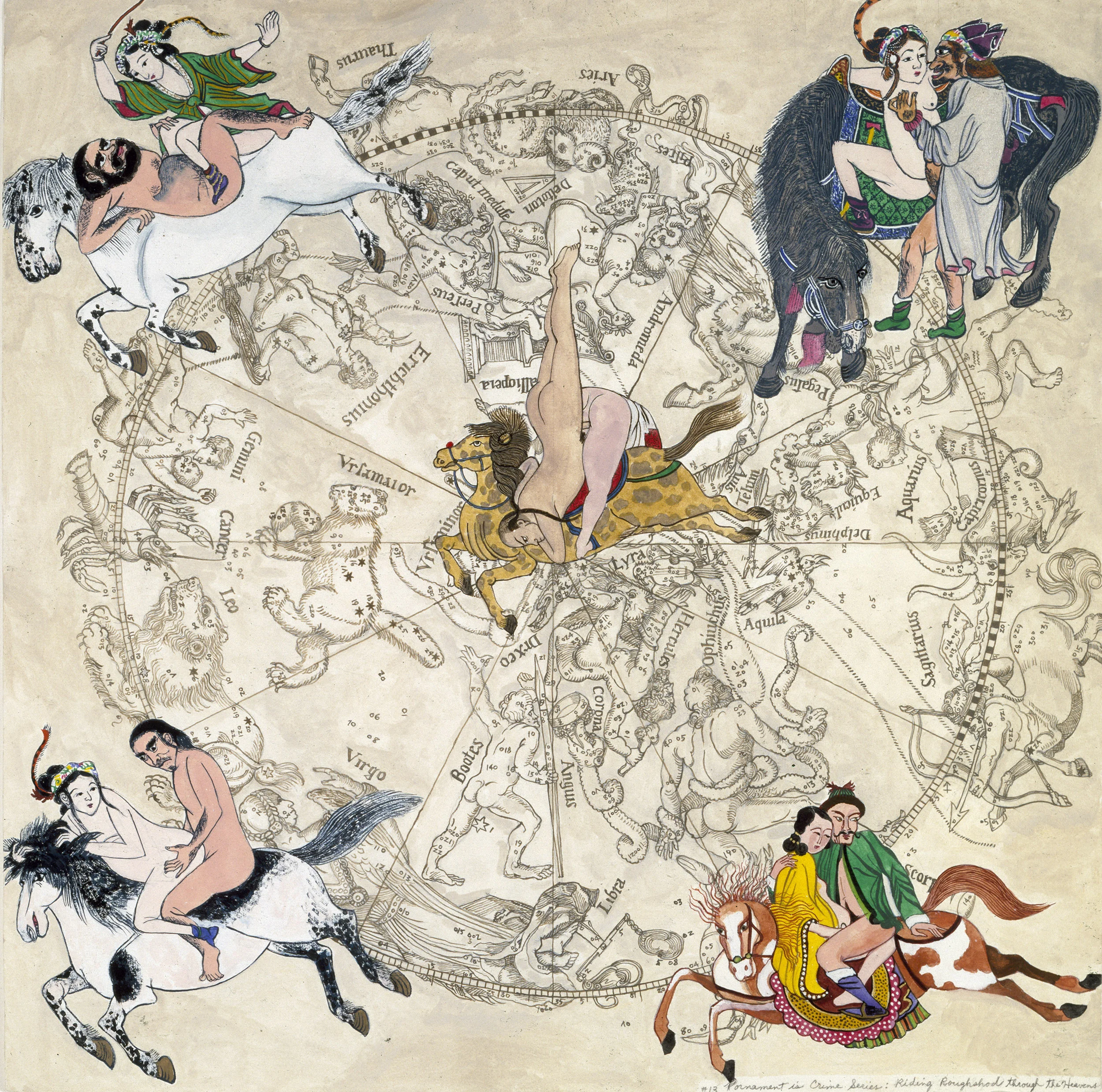 Pornament is Crime #13: Riding Roughshod Through the Heavens, 1987, watercolor/paper, 22 x 22”