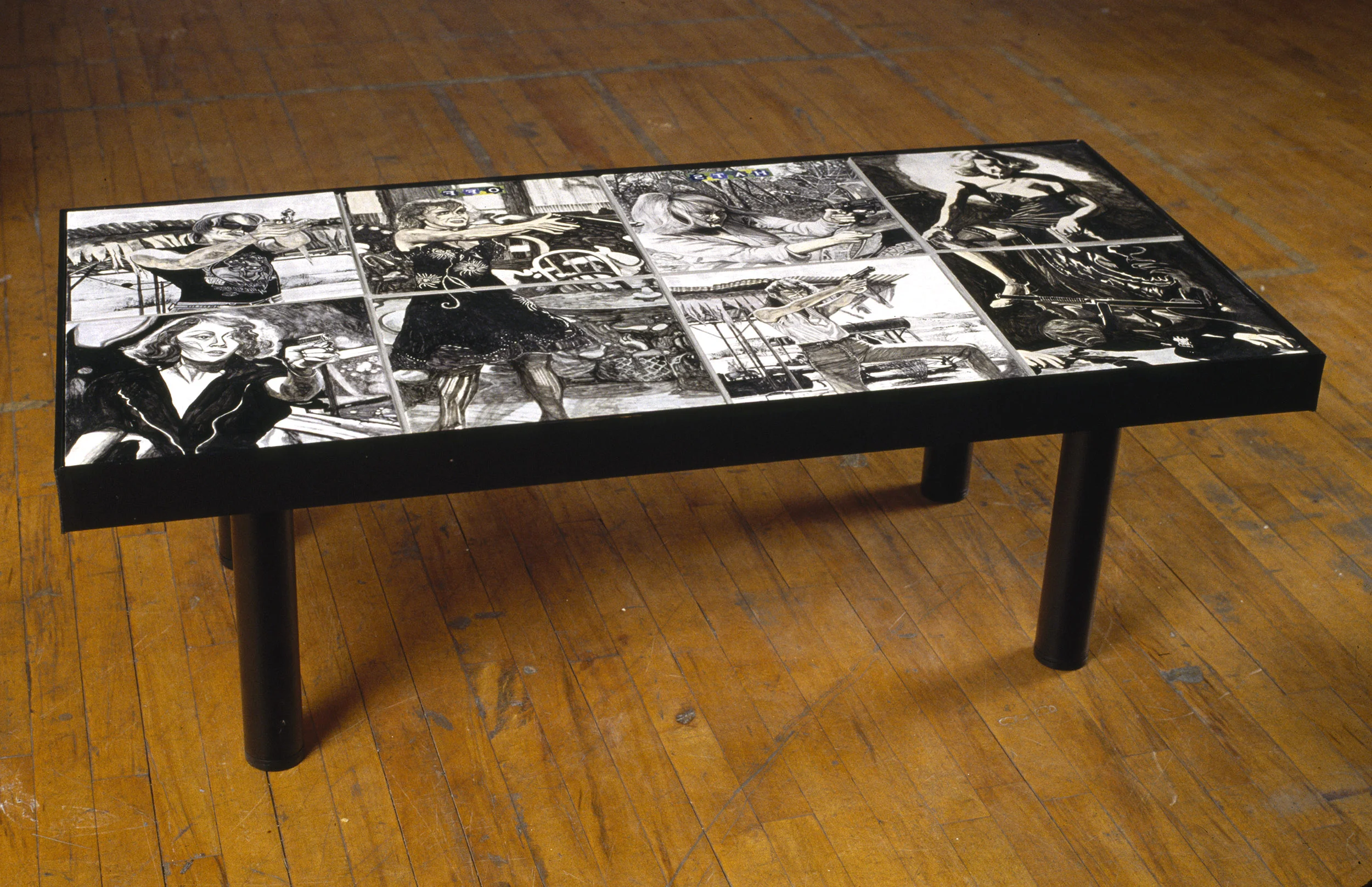 Tabled: Hats Off, 1997, glazed tiles/wood, 24 x 48 x 17”