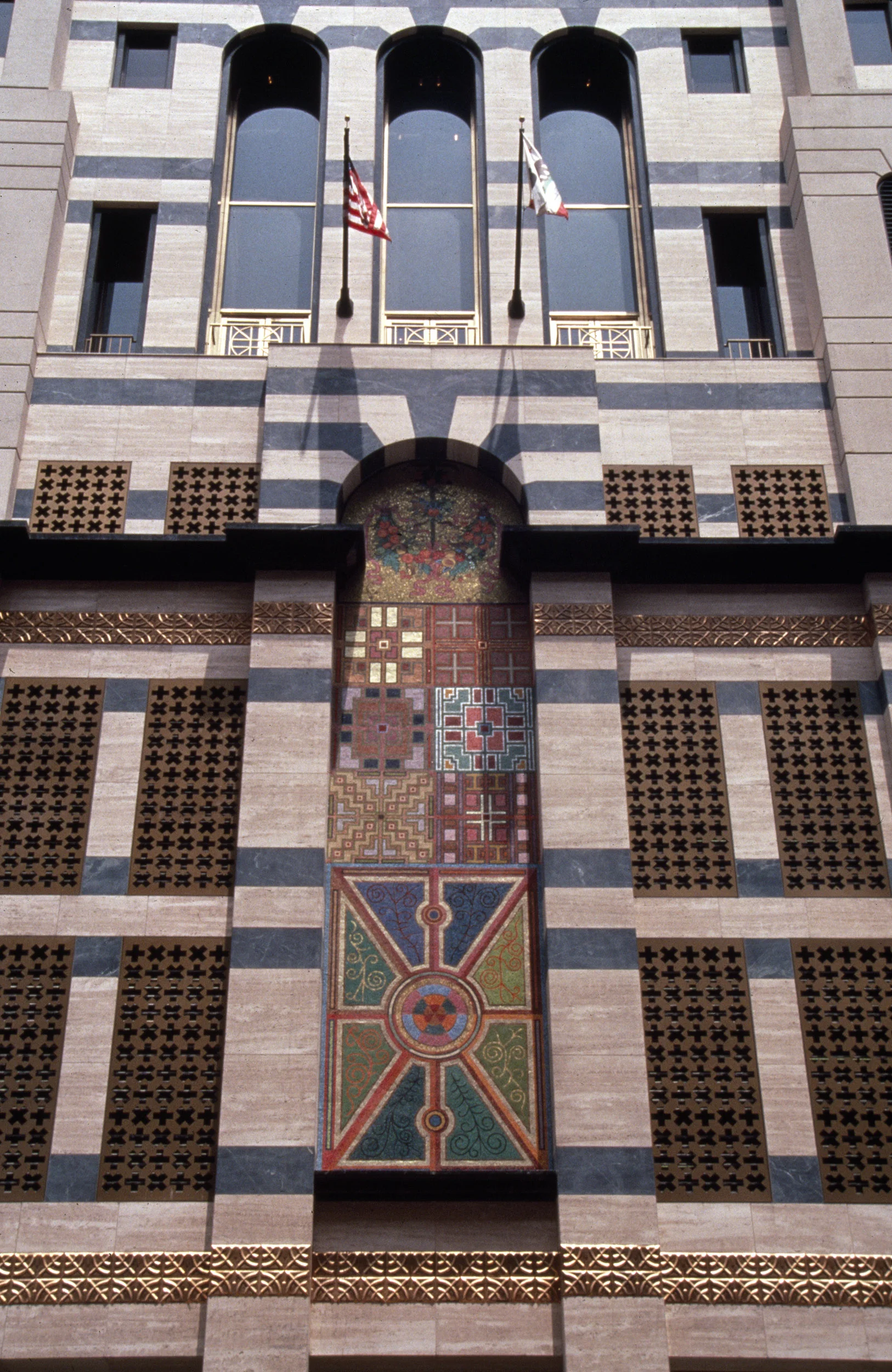 THE GARDENS AT CHENONCEAUX AND VILLANDRY WITH ORANGE FESTOONS FOR LOS ANGELES, 1989, glass mosaic, 480 x 120”