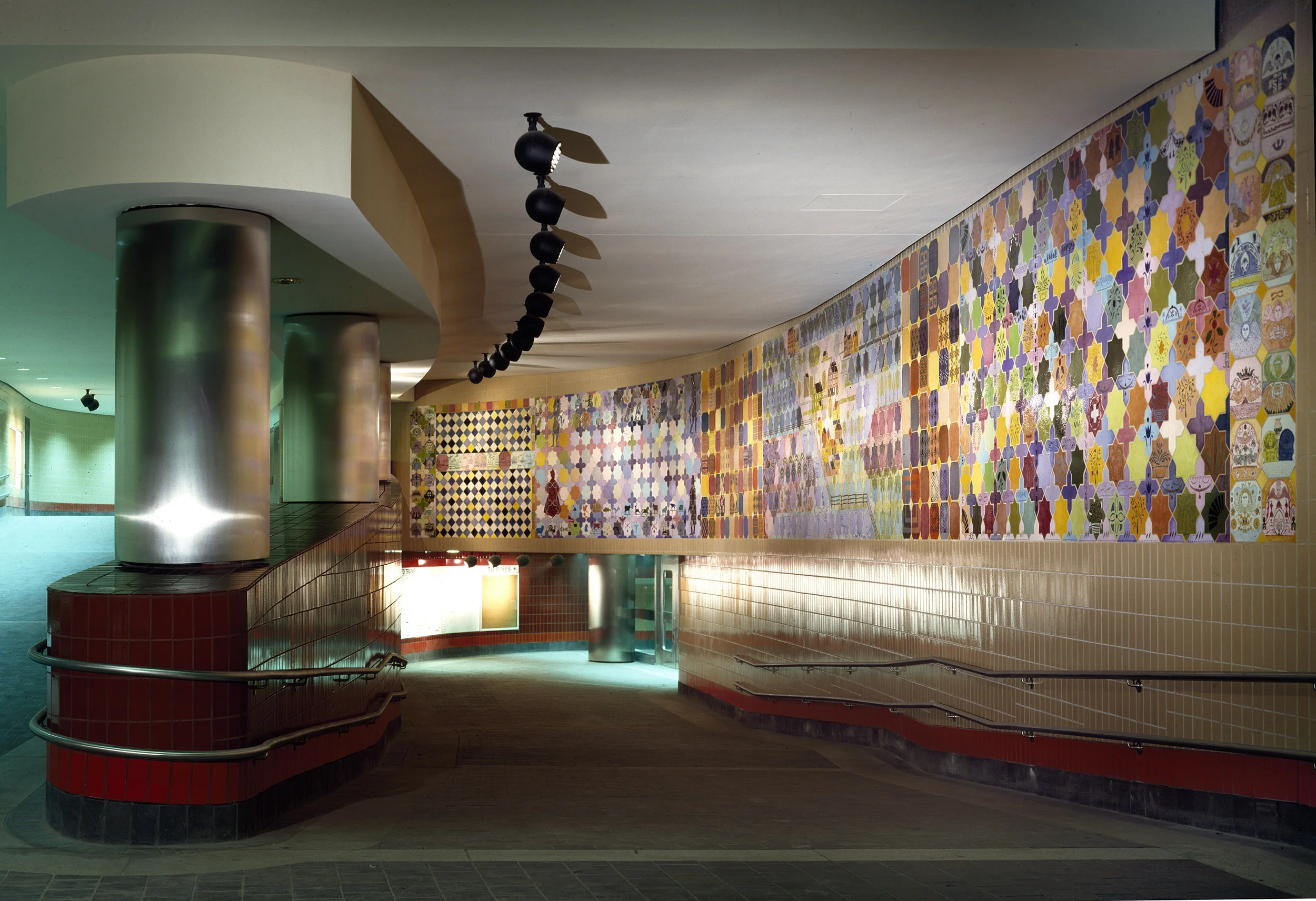 NEW ENGLAND DECORATIVE ART, looking down pedestrian ramp, 1985, glazed tile, 96 x 996”