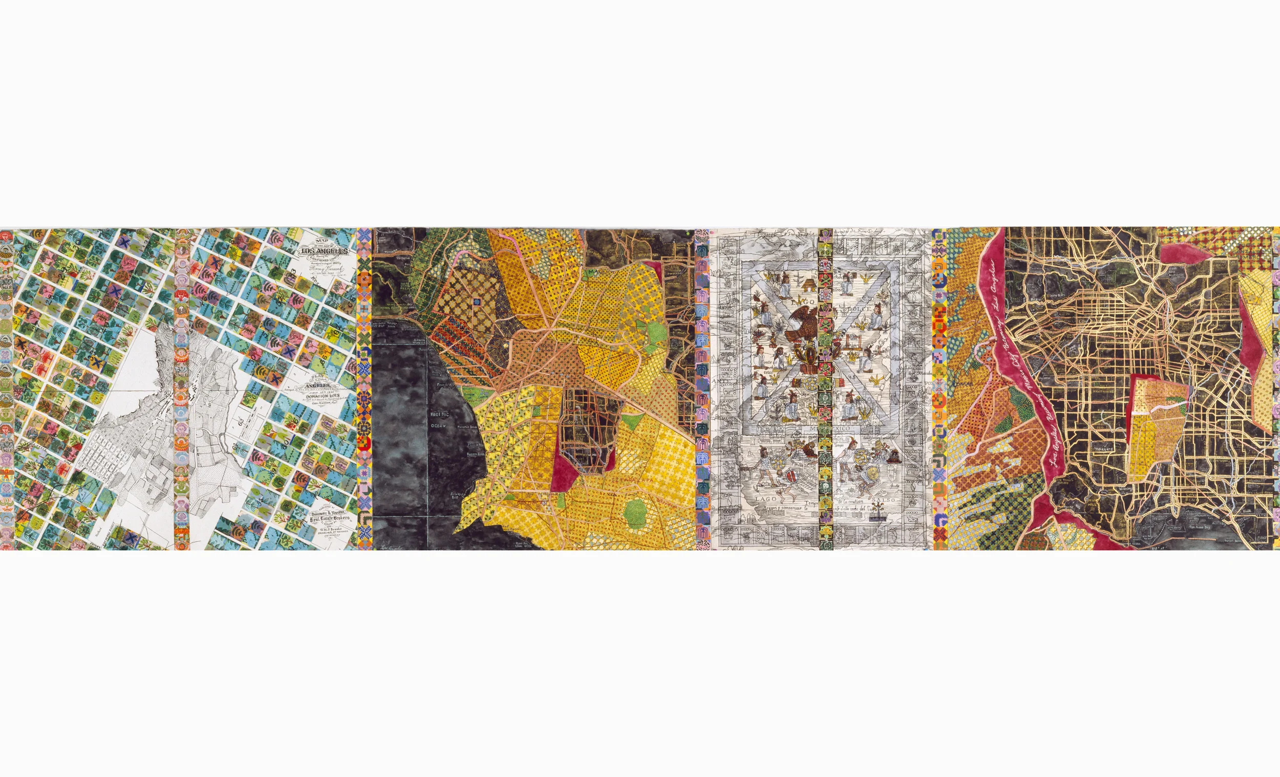 Los Angeles Becoming Mexico City Becoming Los Angeles, 1993, watercolor, collage, lithographs/paper, 22 x 87”