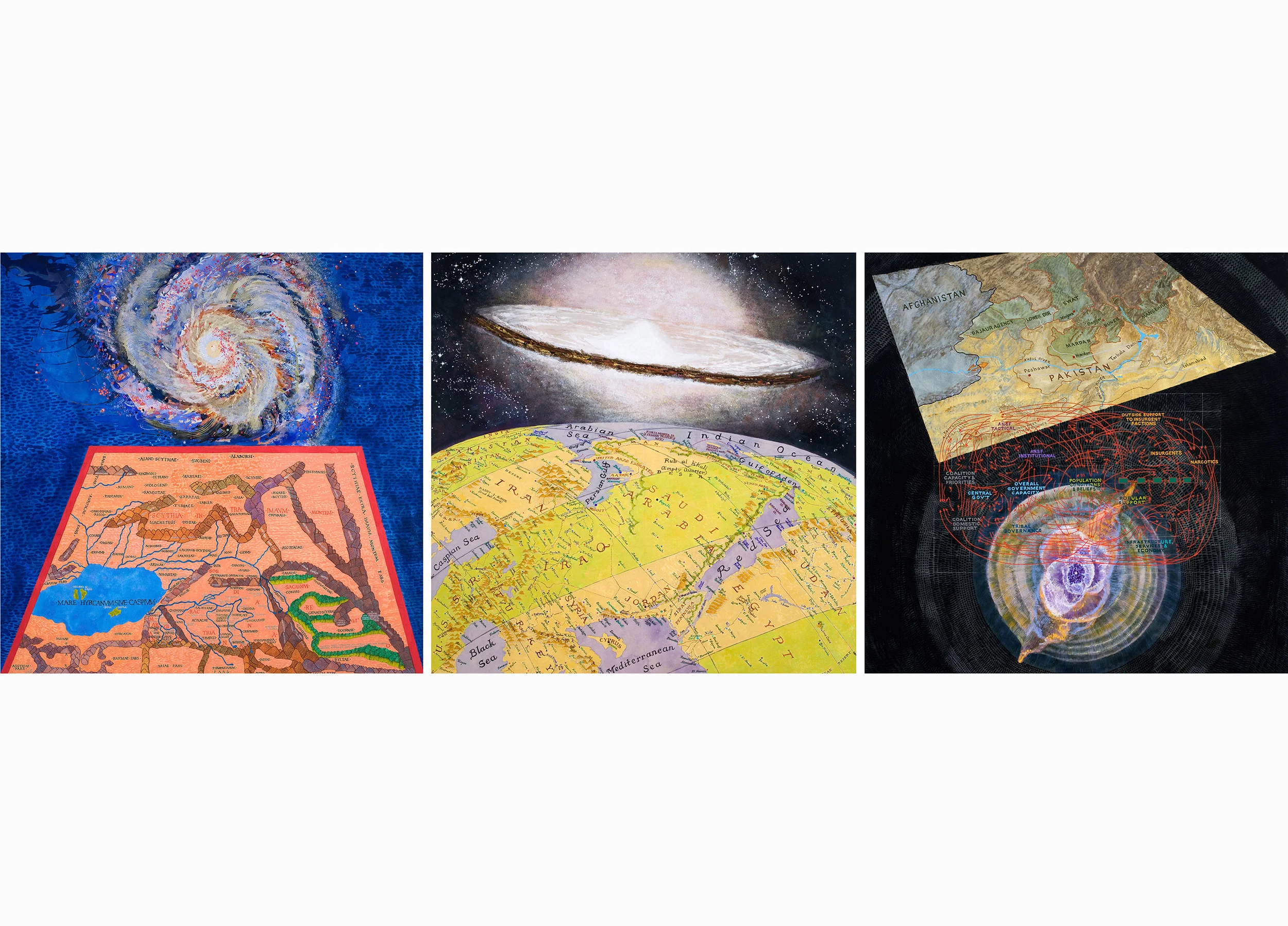 The Middle East, 3 Views, 2010, acrylic, collage/canvas, ea. 72 x 72”