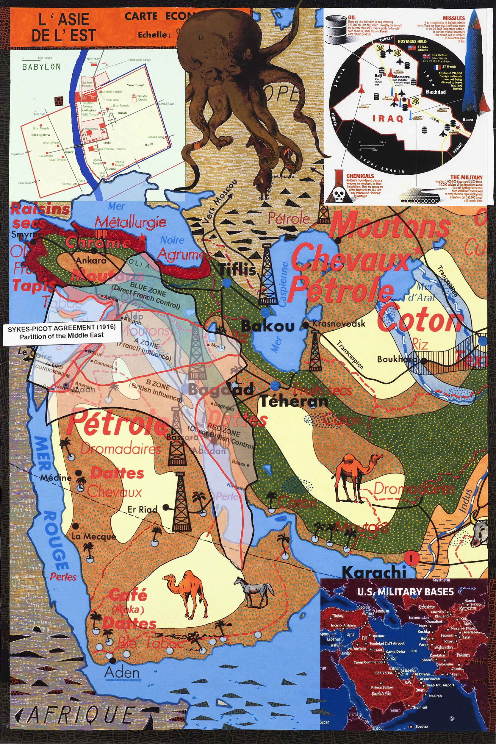 L’Asie de l’ Est, 2012, acrylic, collage and digital archival inkjet print, 35 ¾ x 24”