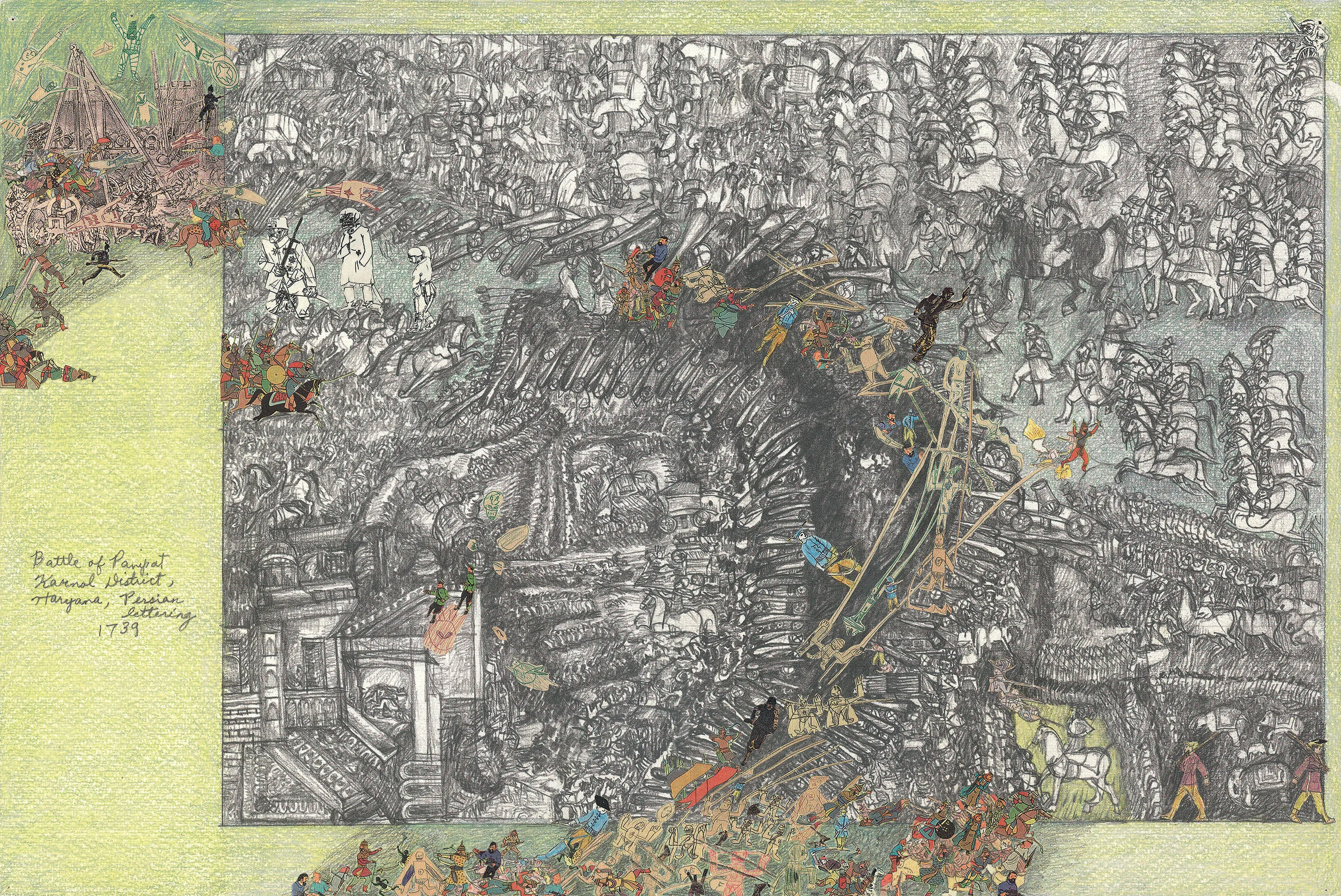 Boys’ Art #8: Battle of Panipat, 2002, collage, pencils/paper, 12 x 18”