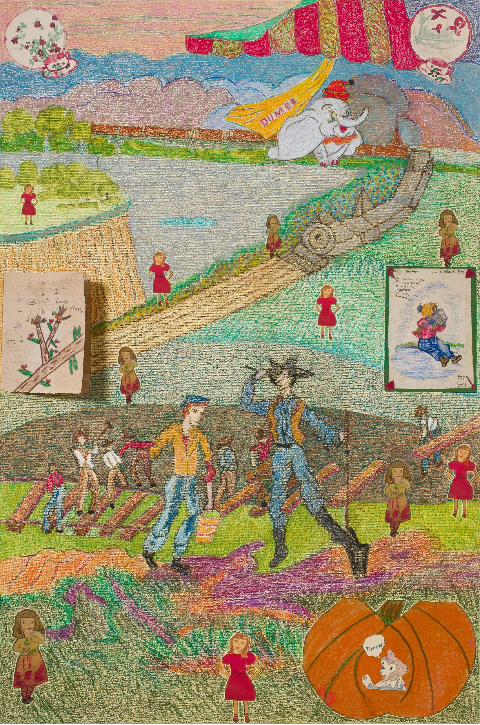 Working on the Railroad, 2017, Acrylic, collage, and oil pastel on canvas, 36 x 24"