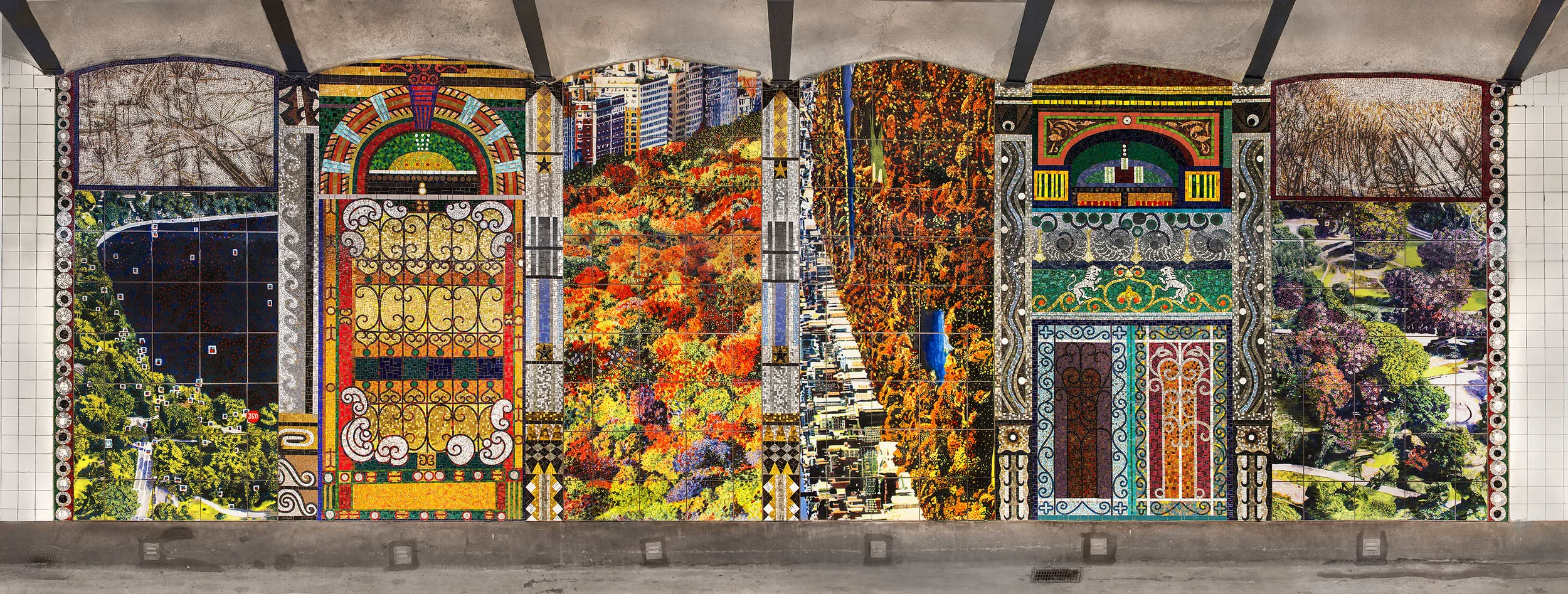 “Parkside Portals,” 86th St. and Central Park West subway station, C and B lines, Lower Platform South, 2018, Glass mosaic and ceramic tiles, 120 x 360”