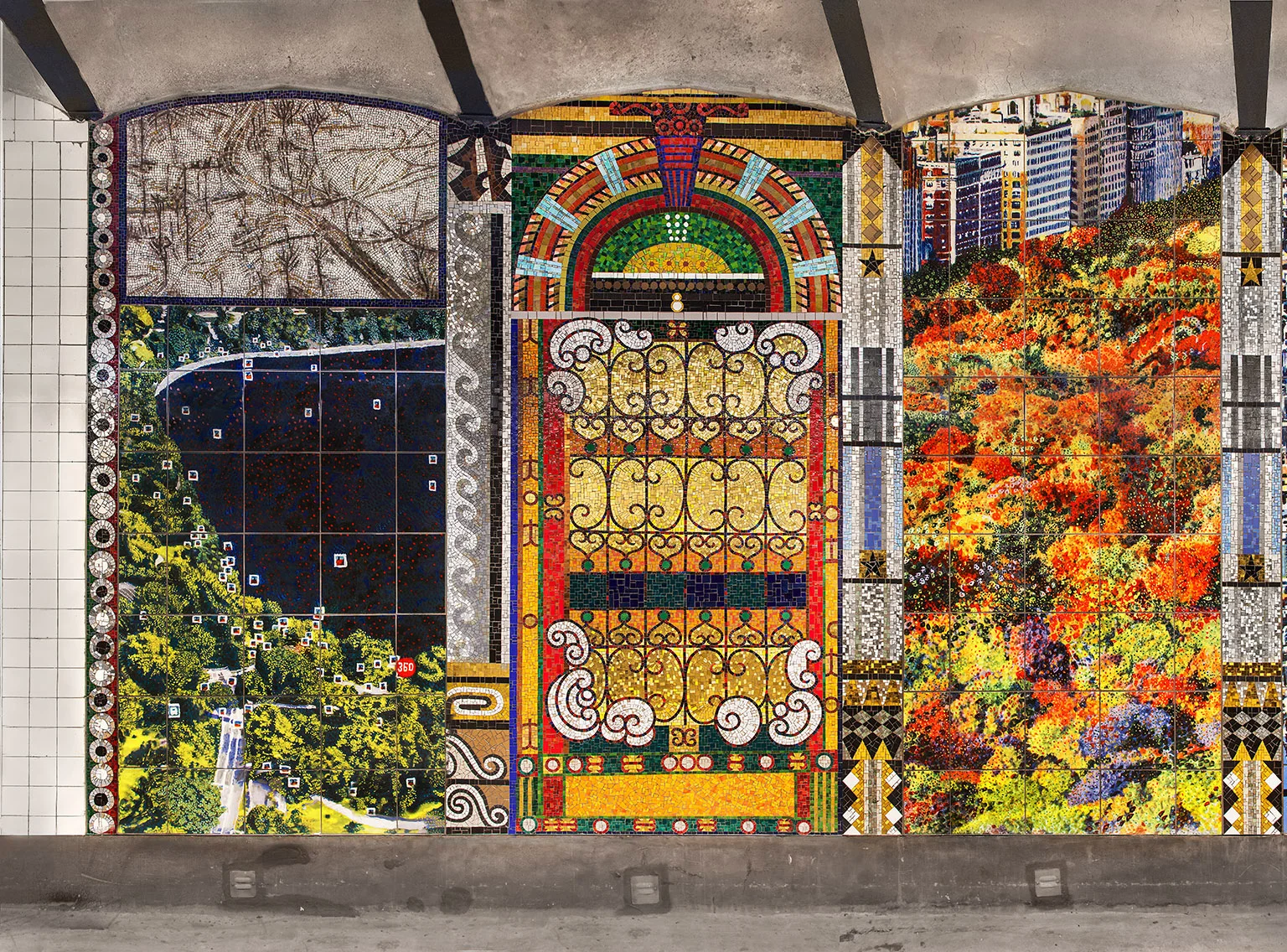 Left Side, “Parkside Portals,” 86th St. and Central Park West subway station, C and B lines, Lower Platform South, 2018, Glass mosaic and ceramic tiles, 120 x 360”