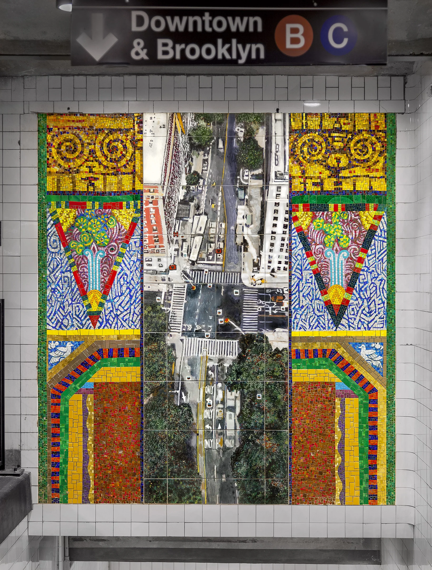 “Parkside Portals,” stairwell at north entrance, 88th St: 86th St and Central Park West subway station, C and B lines, 2018, Glass mosaics and ceramic tiles, 96 x 85”