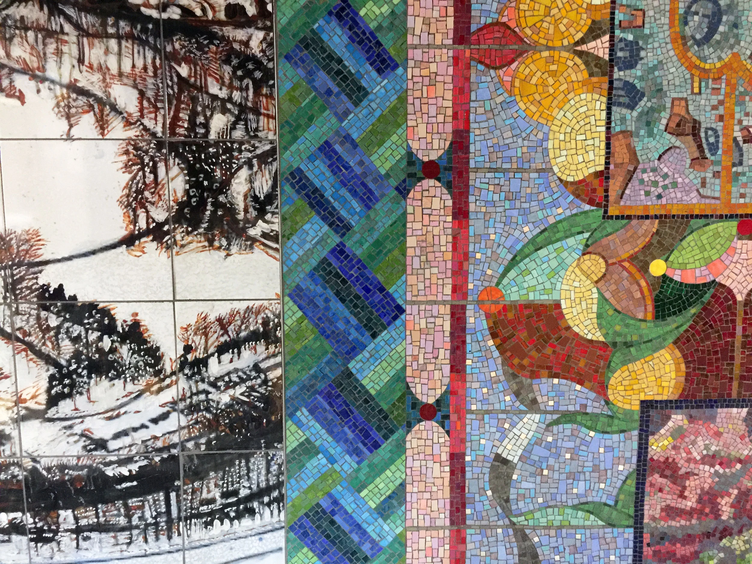 Detail, “Parkside Portals,” 86th St and Central Park West subway station, C and B lines, Upper Platform South, 2018, Glass mosaic and ceramic tiles, 96 x 180”