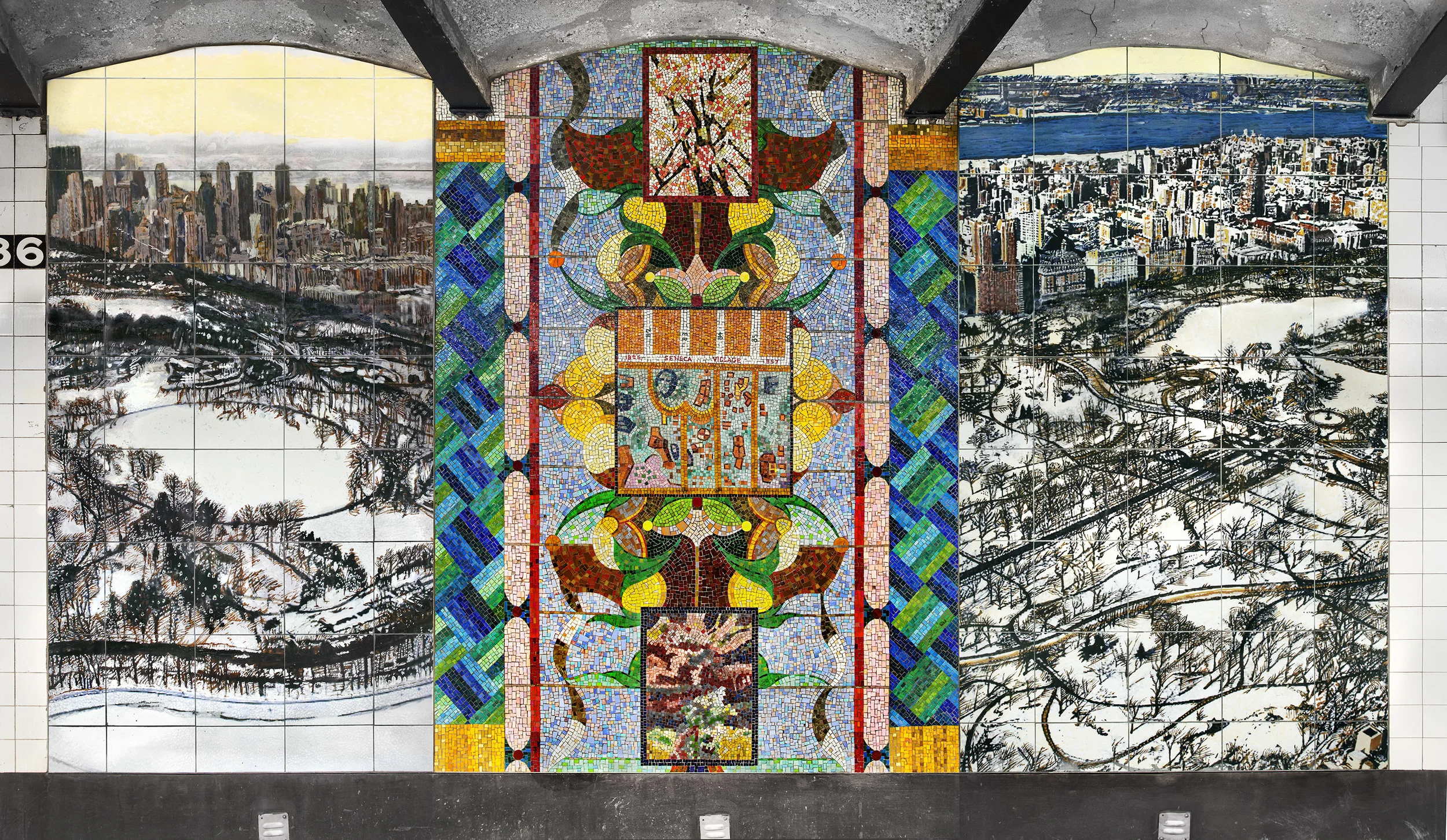 “Parkside Portals,” 86th St and Central Park West subway station, C and B lines, Upper Platform South, 2018, Glass mosaic and ceramic tiles, 96 x 180”