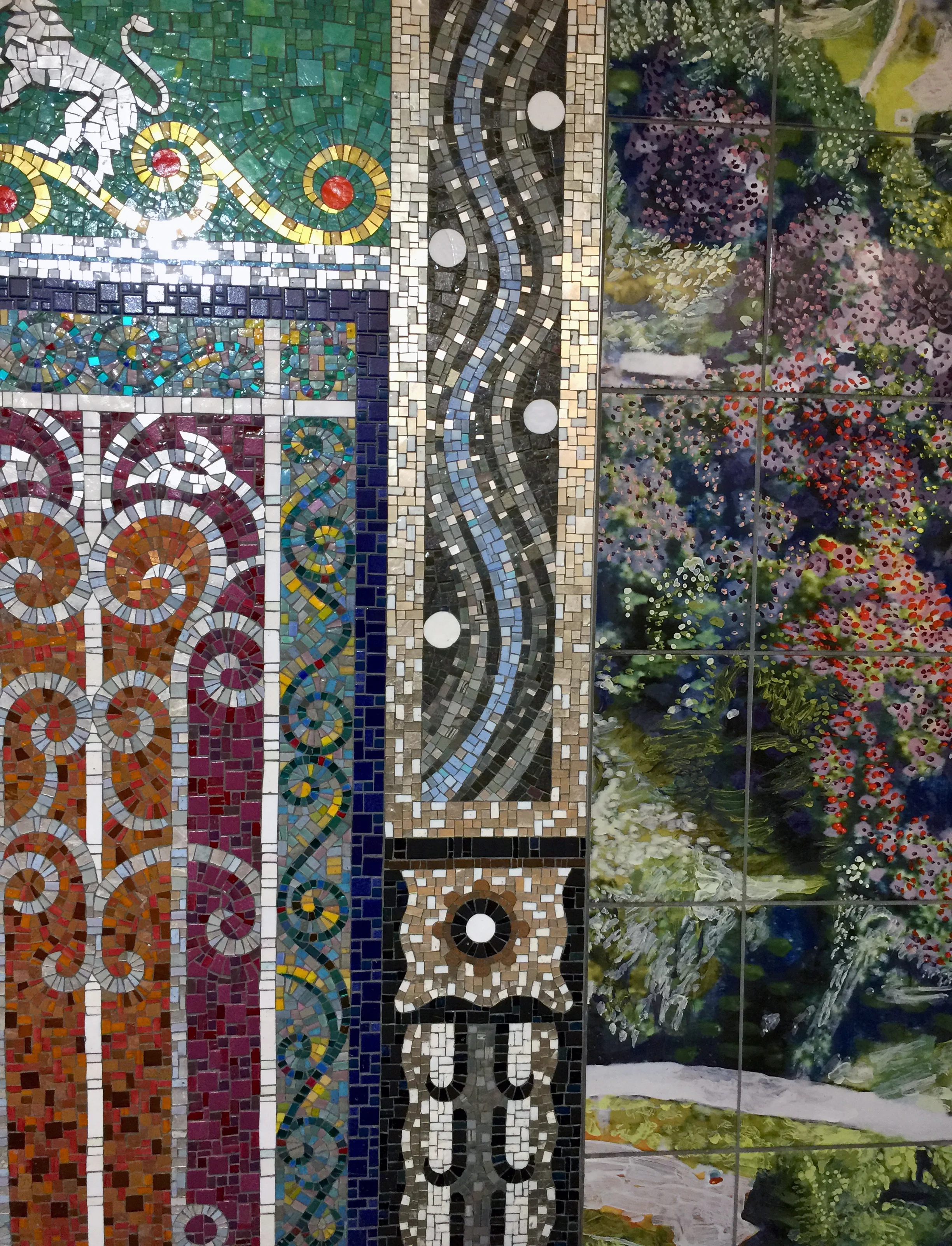 “Parkside Portals,” 86th St. and Central Park West subway station, C and B lines, Lower Platform South, 2018, Glass mosaic and ceramic tiles, 120 x 360”