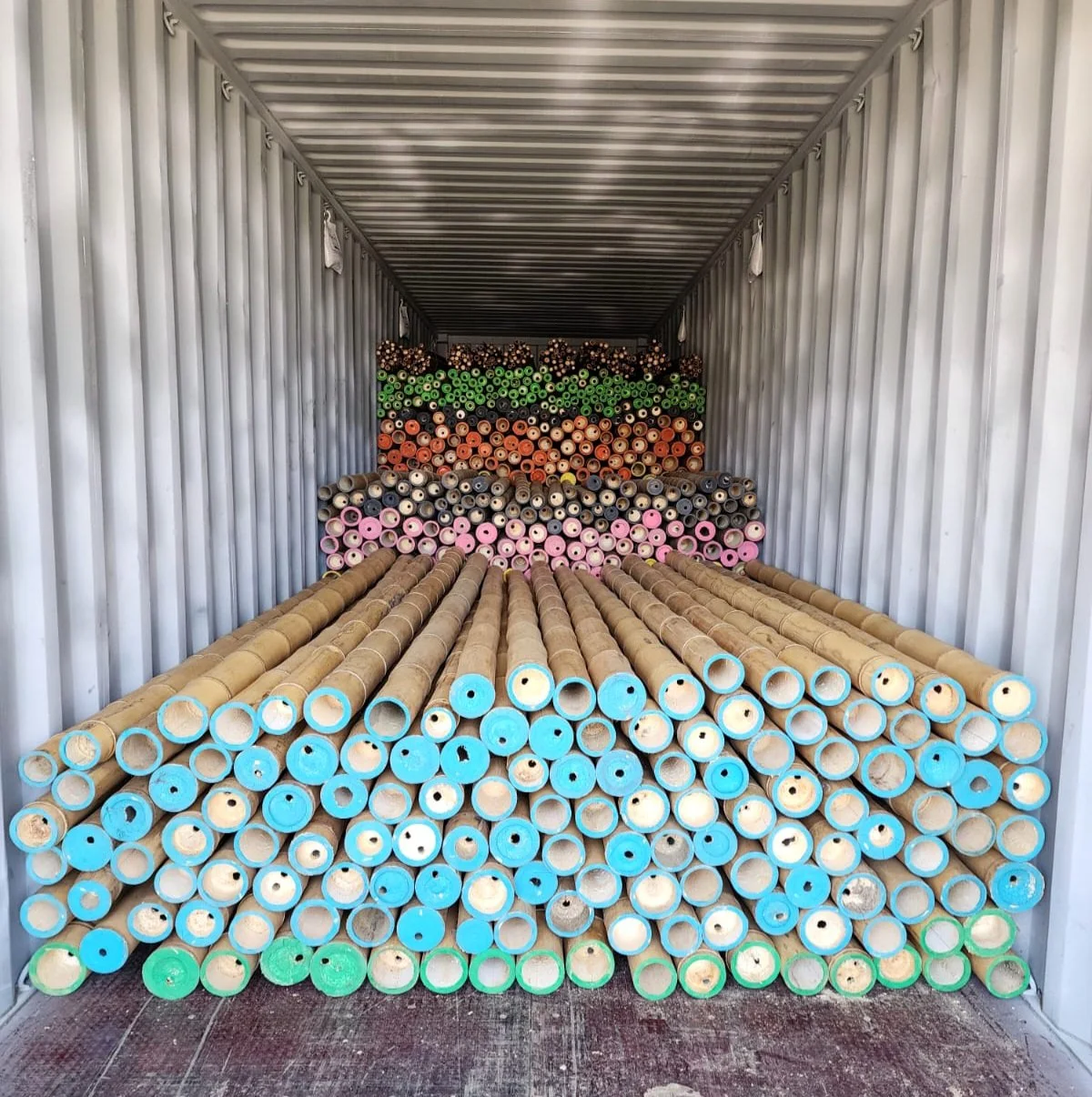 Guadua Angustifolia bamboo poles loaded into export container at The Best Bamboo® plantation in Montenegro Colombia — wholesale bamboo export worldwide