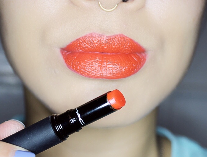 Limited MAC Lipstick in You Say Tomato but similar here Buxom Full Bodied Lipstick in Rouge