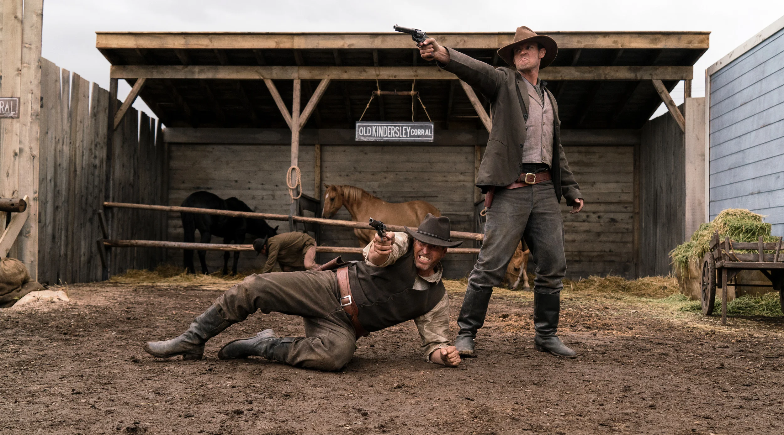 The Clantons shoot it out at the O.K. Corral on the set of The American West in Heber City, Utah.