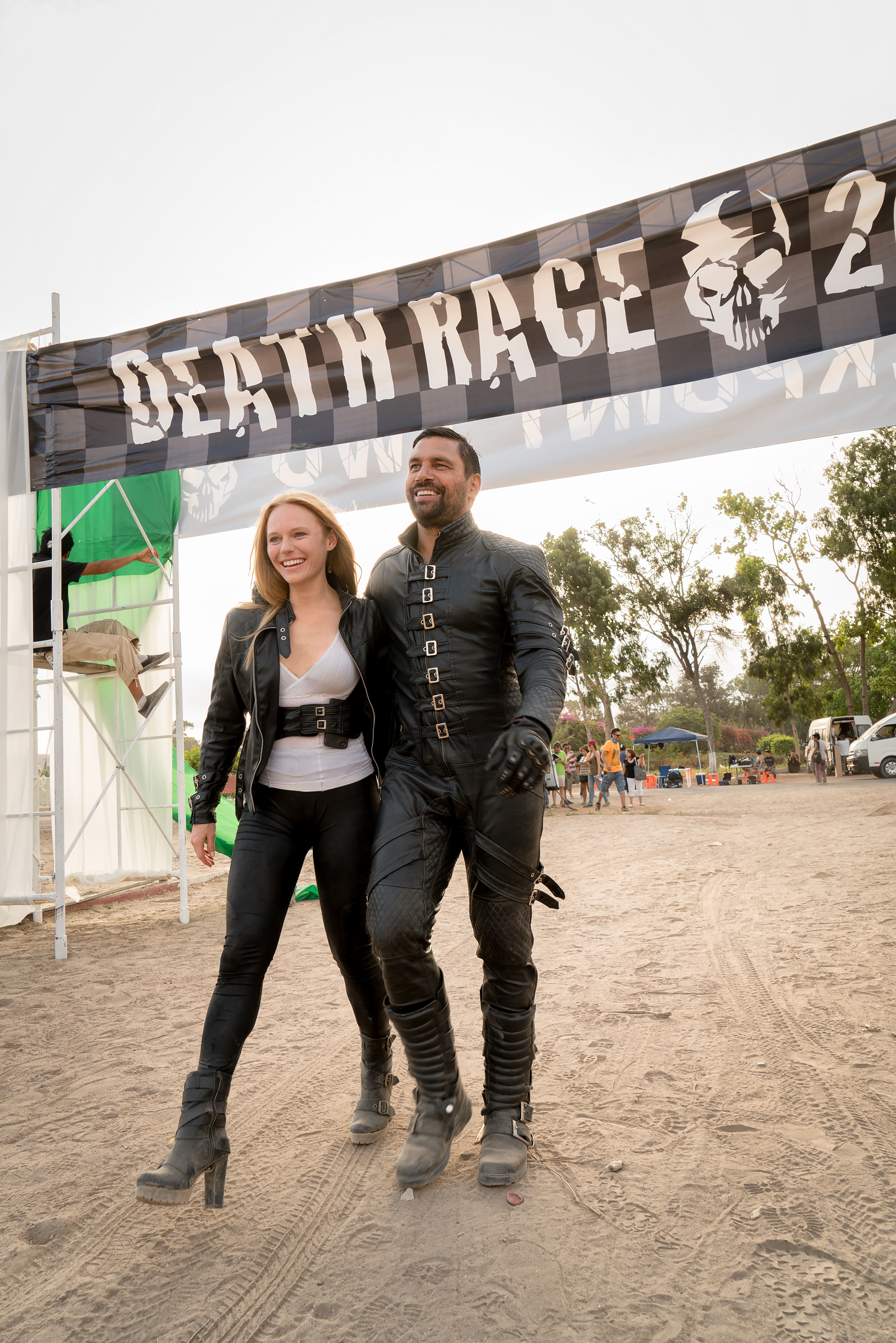 A BTS shot of Annie (Marci Miller) and Frankenstein (Manu Bennett) after wrapping their last scene on Death Race 2050 in Lima, Peru.