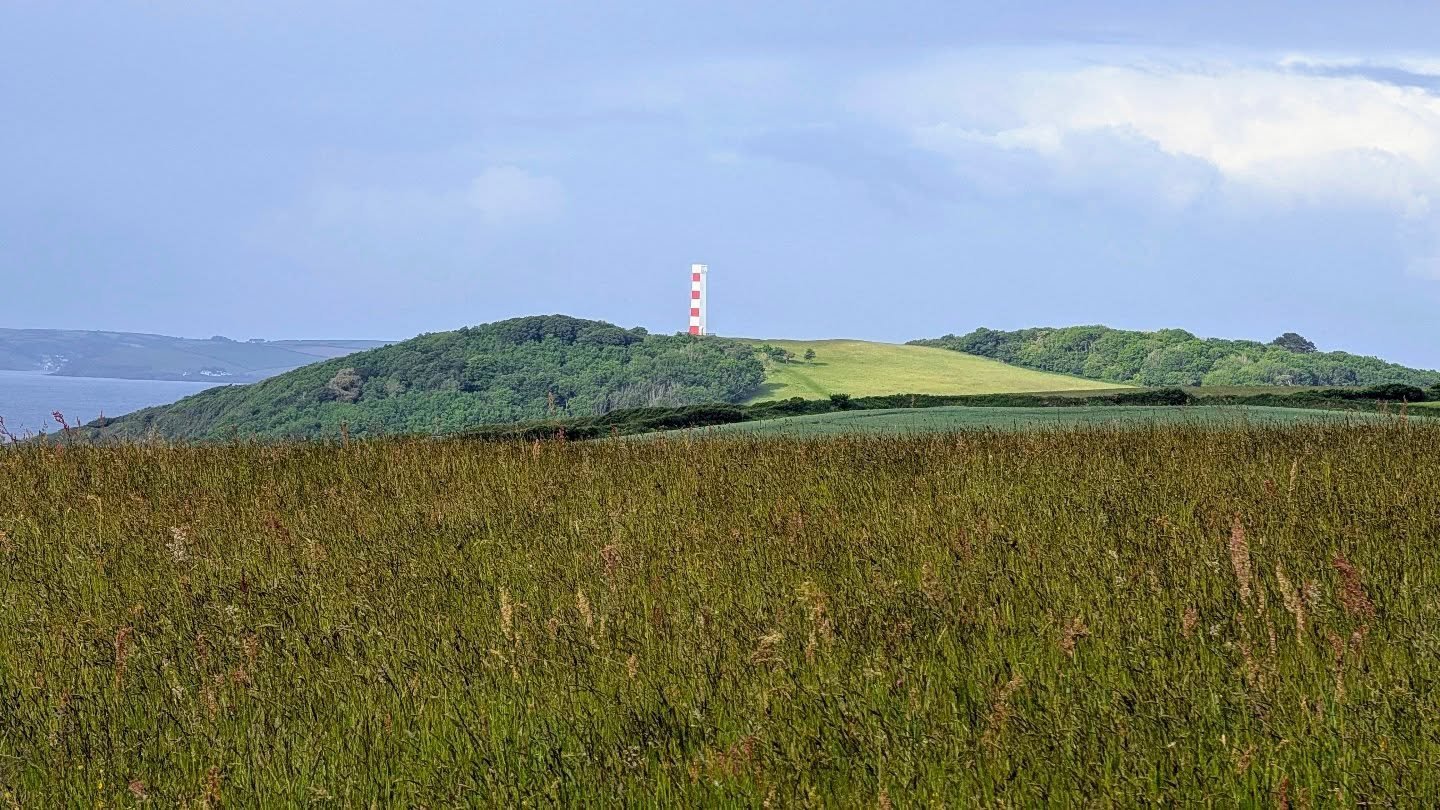 The daymark highlighted by the sunshine on our morning walk.