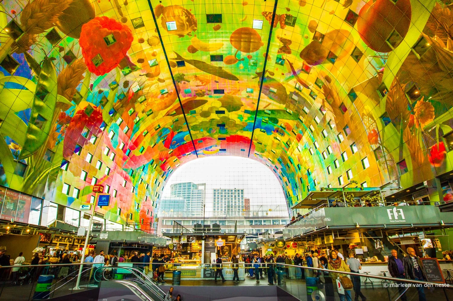Ultra new market hall in Rotterdam. The ceiling consists of 4000 painted panels, printed on metal sheets in the United States.
