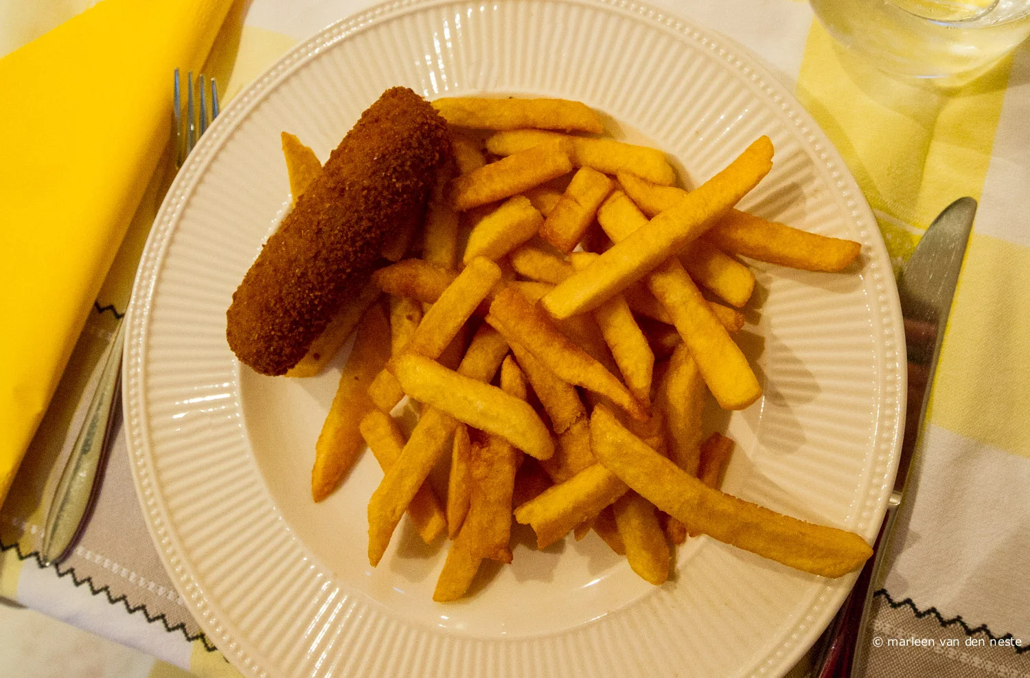 Fries and a croquette. Missing: mustard and mayonaise.