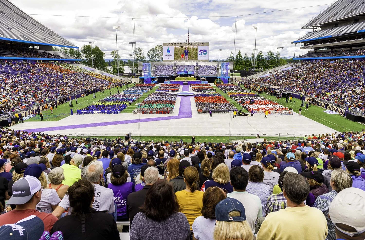 Timothy Shriver, Chairman of the Board of Directors of Special Olympics, addresses the crowd during the Opening Ceremony of the USA Games on the Alaska Airlines Field of Washington University’s Husky Stadium in Seattle, Washington on July 1, 2018.