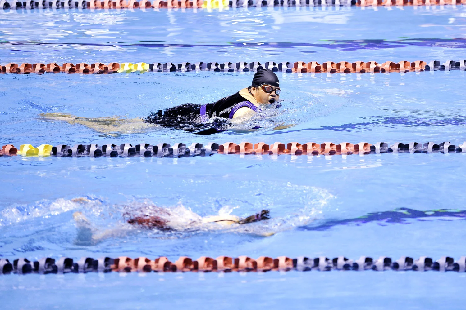 Tight race at the 50 meter breaststroke in the King County Aquatic Center in Seattle, Washington.