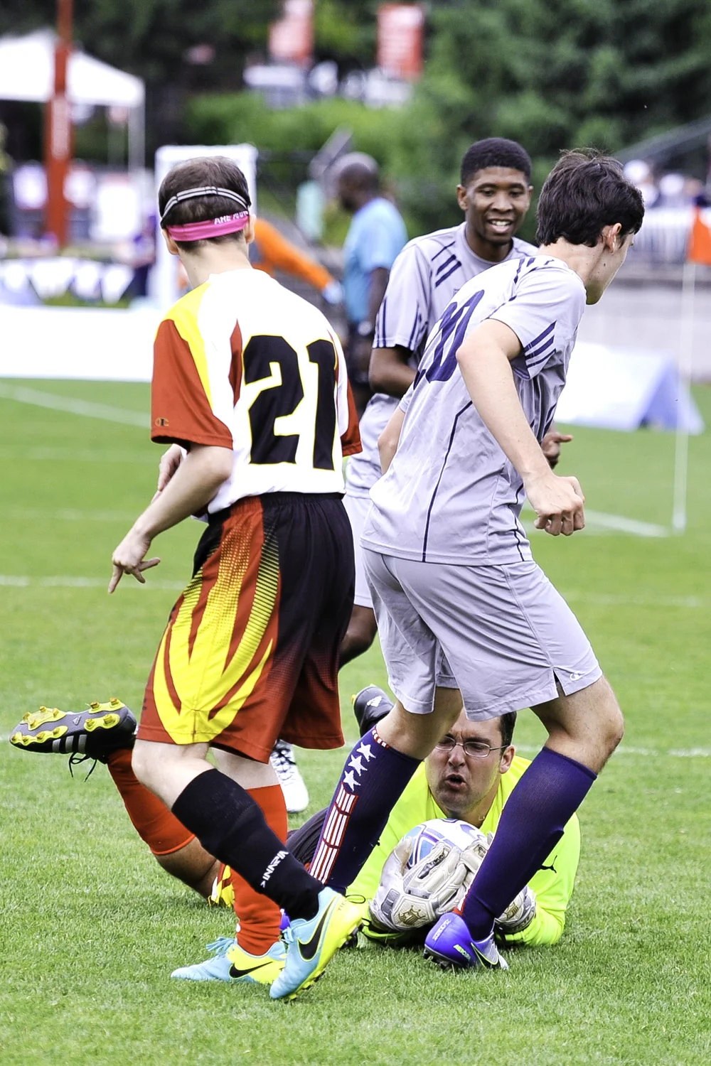 Team Maryland goalkeeper succesfully stops a goal on the Championship Field of the University of Seattle.