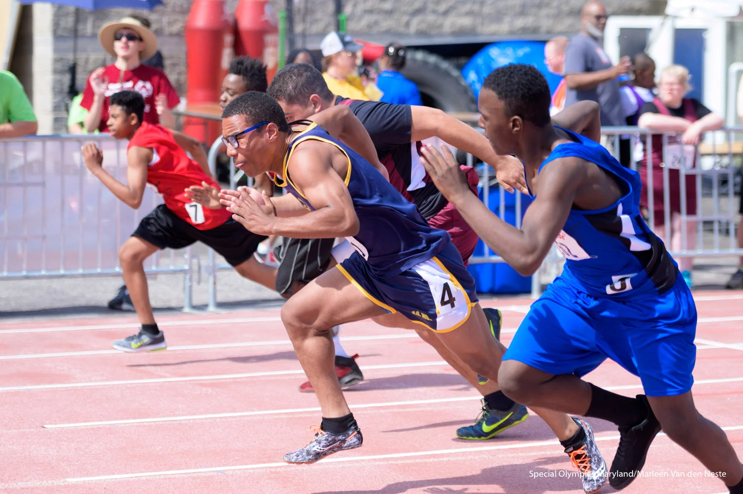 Athletes taking off for the 50 meter dash on the track of Unitas Stadium of Towson University, MD. on Sunday, June 9, 2019.