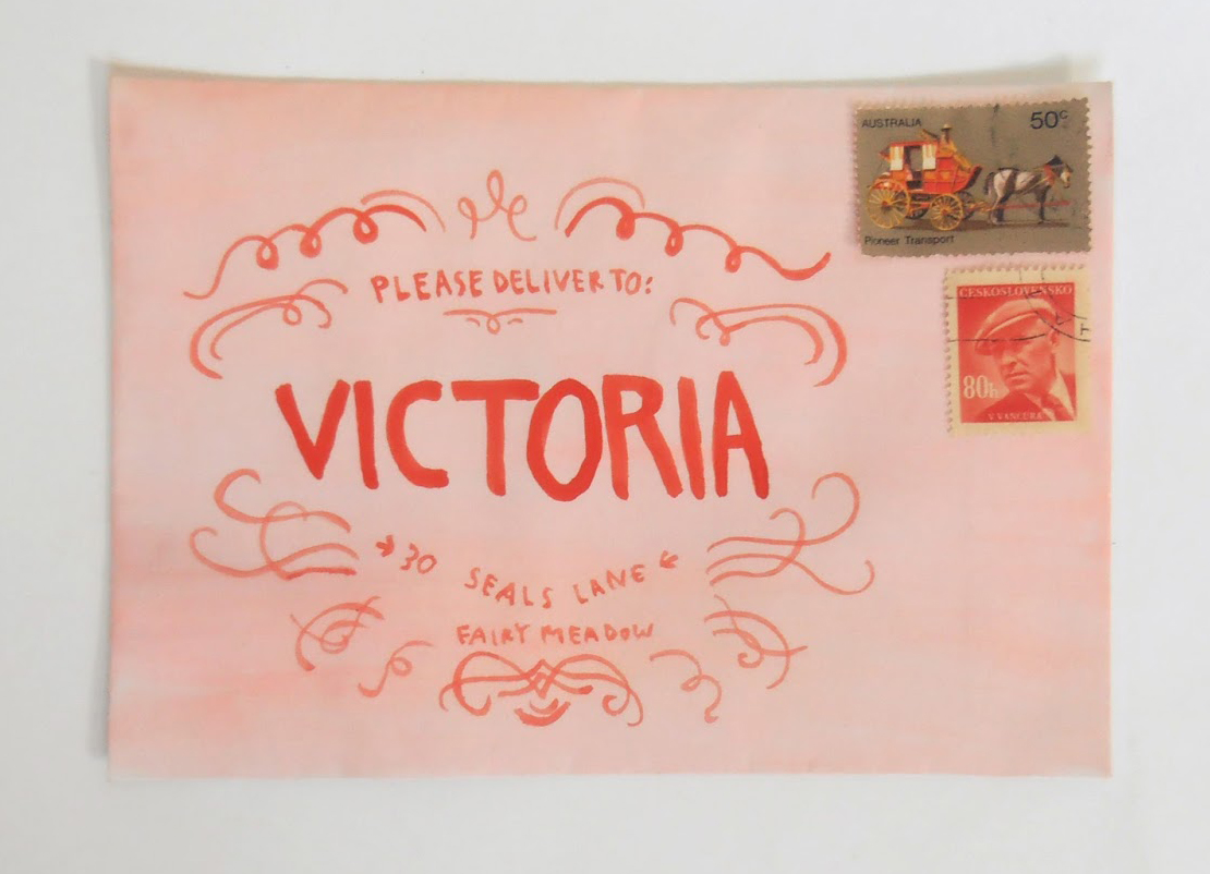 This envelope is one of my favorite examples of fan art made with inspiration from Wes Anderson’s “ The Grand Budapest Hotel.” Tips from the artist’s blog, Thimble : “All you have to do is paint an envelope salmon pink with watercolors, allow it to dry, then use red paint to do a simplified version of the Mendl’s box design.”
