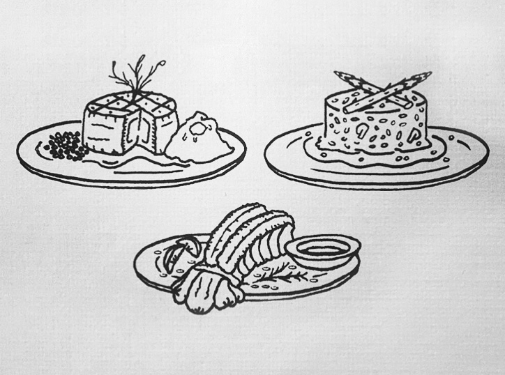 Reception dinner menu, in drawings. Clockwise from top left, a plate of filet mignon with peas and mashed potatoes, a creamy mushroom risotto with asparagus spears, and lobster tail with lemon butter.