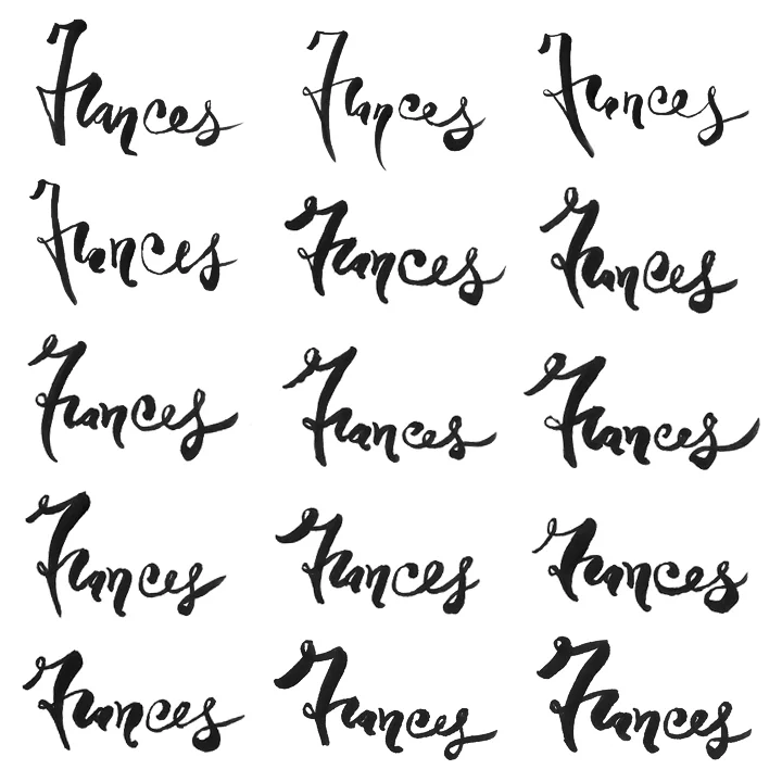 A very small sampling of sketches from my sketchbook, in chronological order. I began with very high-contrast strokes and a tall x-height as I was finding my balance with the brush tip. I knew where I wanted to go with this script from the start, so there weren't many variations to the style of the individual characters.