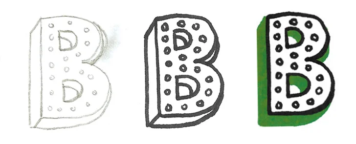 The “B” was sketched as a dropcap for a block of type on the travel information card. Sketches in pencil and marker led to a final character with an emerald shadow.